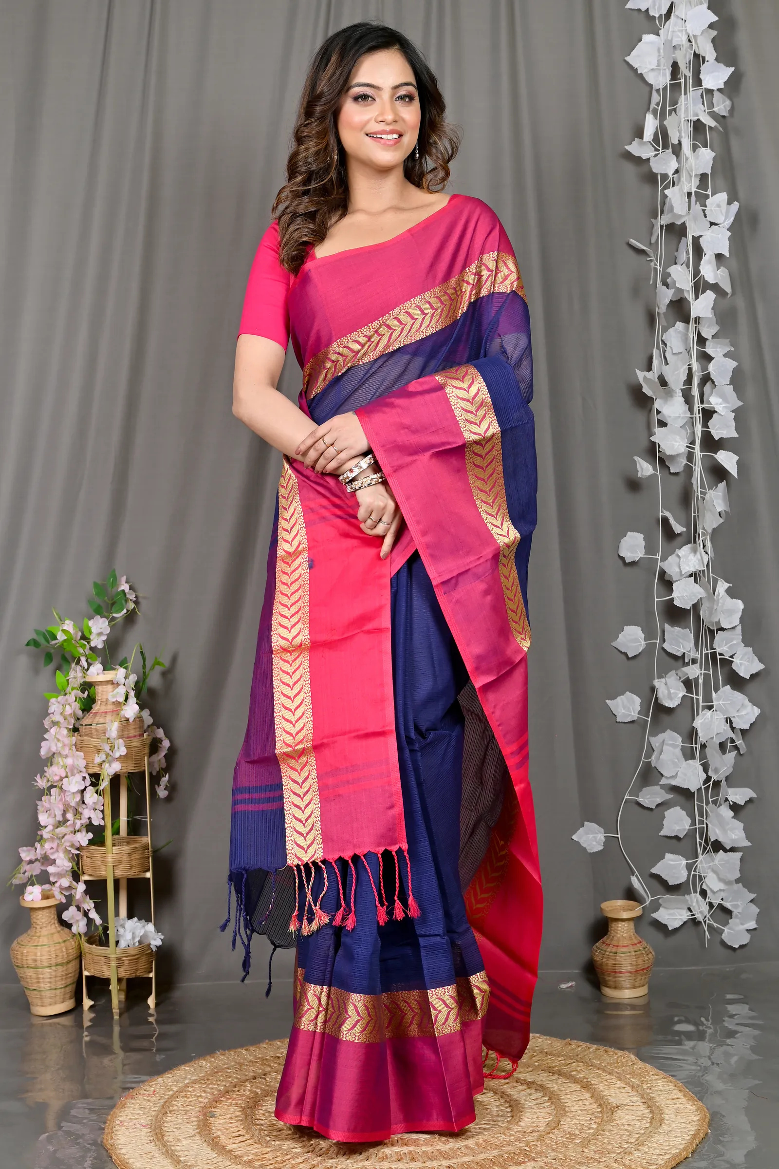 DipDiya Pure Cotton Naby Blue Parvin Traditional Bengali Tant Sarees