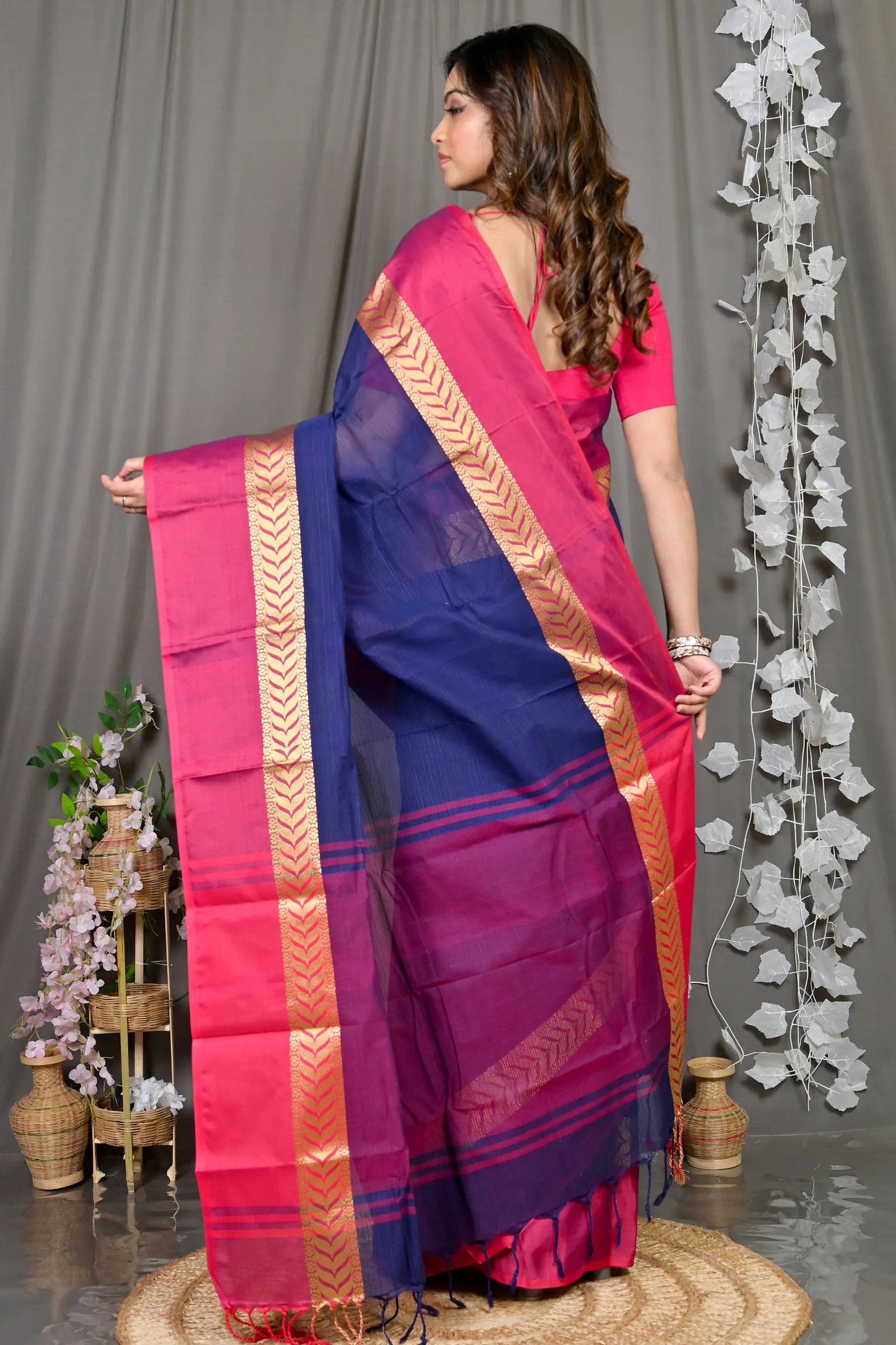 DipDiya Pure Cotton Naby Blue Parvin Traditional Bengali Tant Sarees