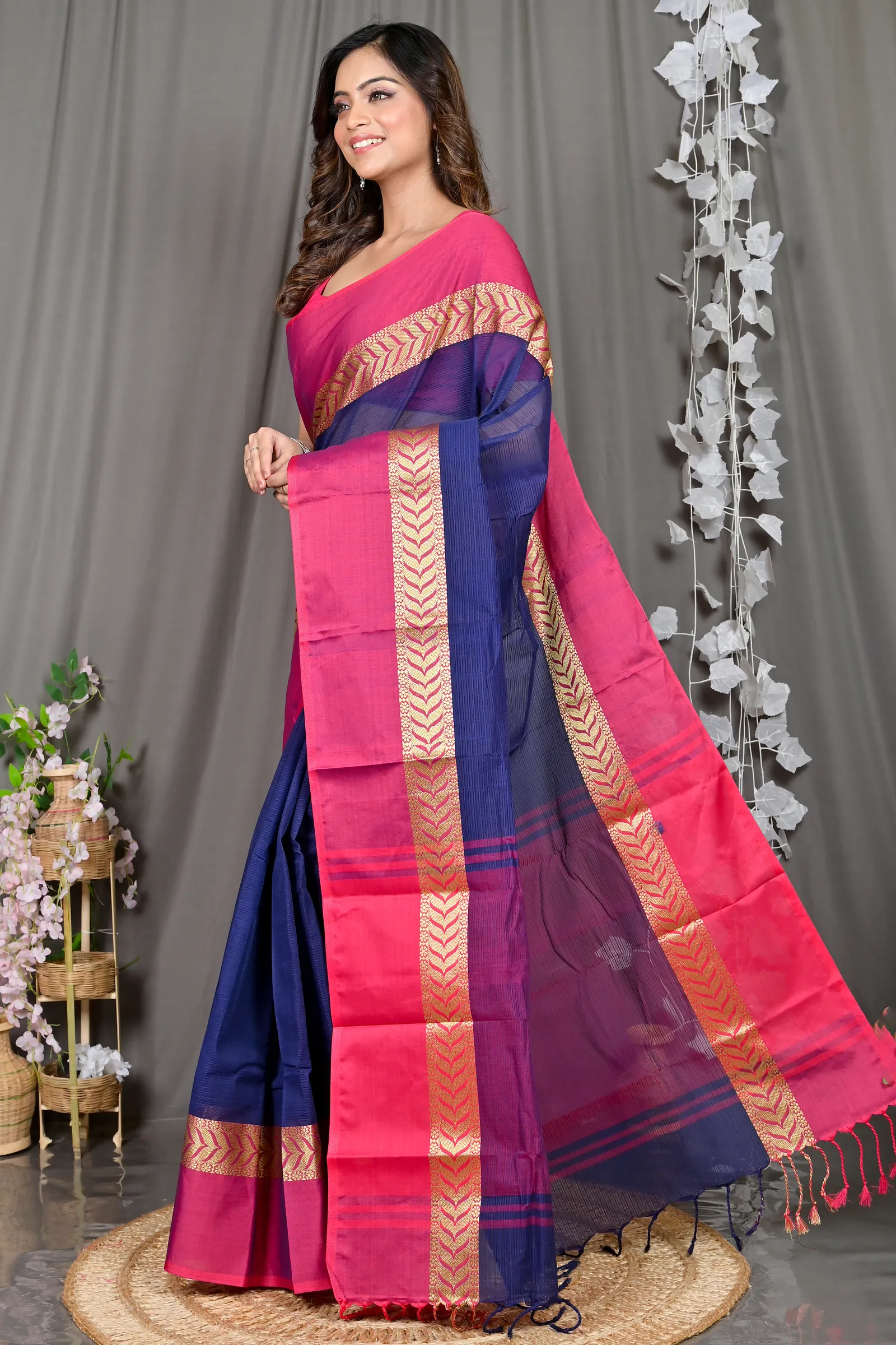 DipDiya Pure Cotton Naby Blue Parvin Traditional Bengali Tant Sarees