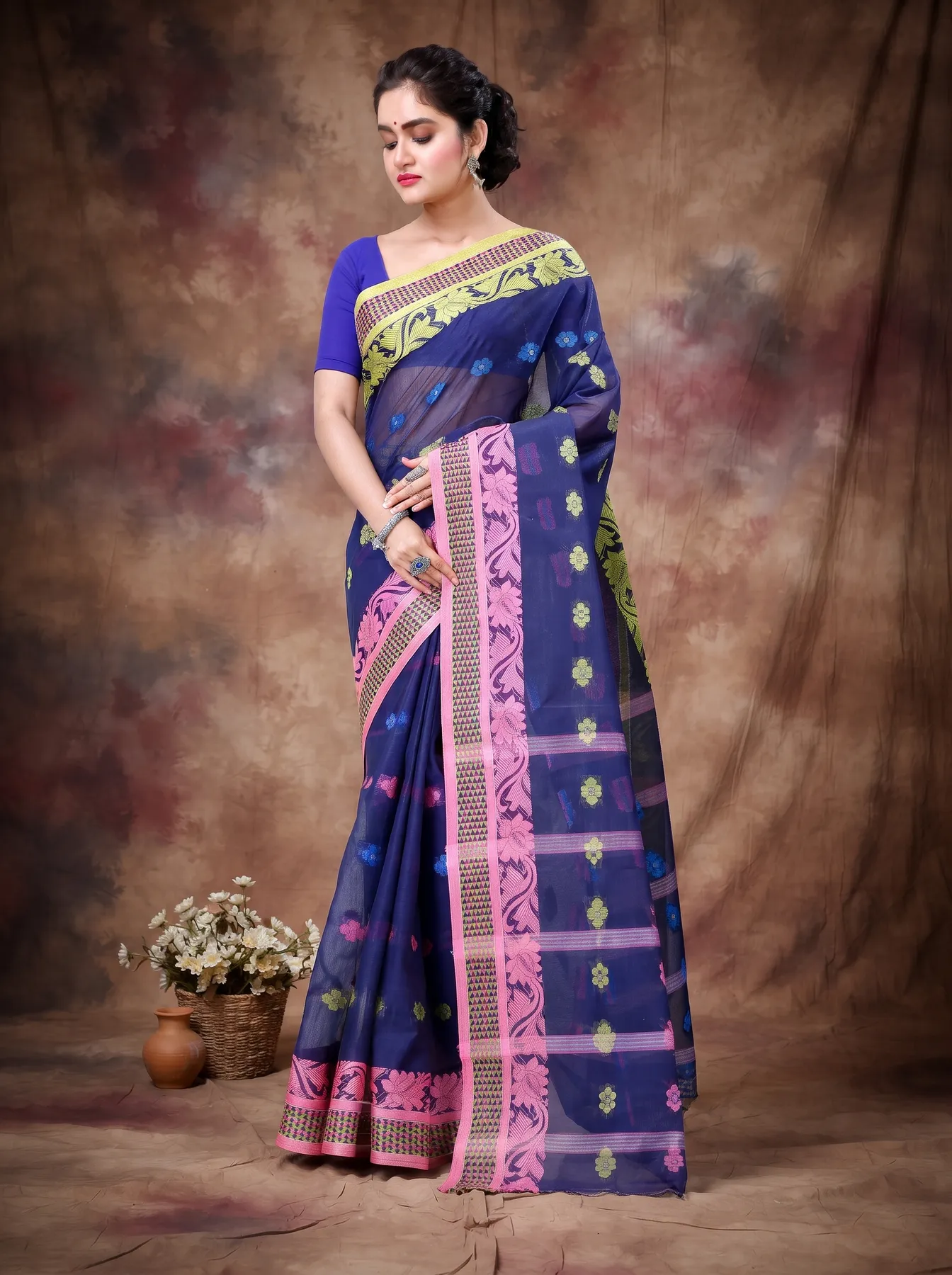DipDiya Pure Cotton Naby Blue Raina Bengal’s Tradition Tant Sarees
