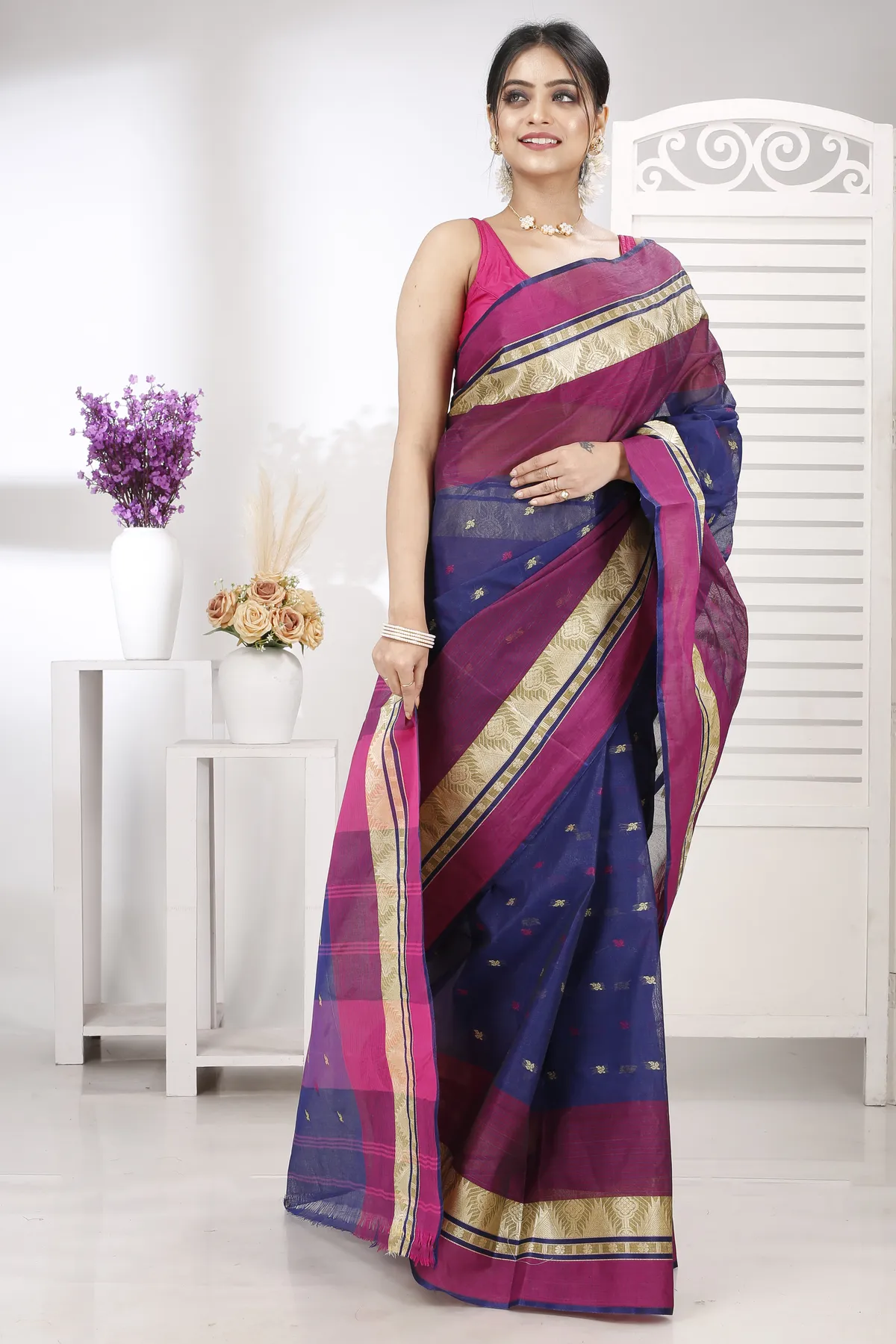 DipDiya Pure Cotton Naby Blue Suto Threads of Tradition Tant Sarees