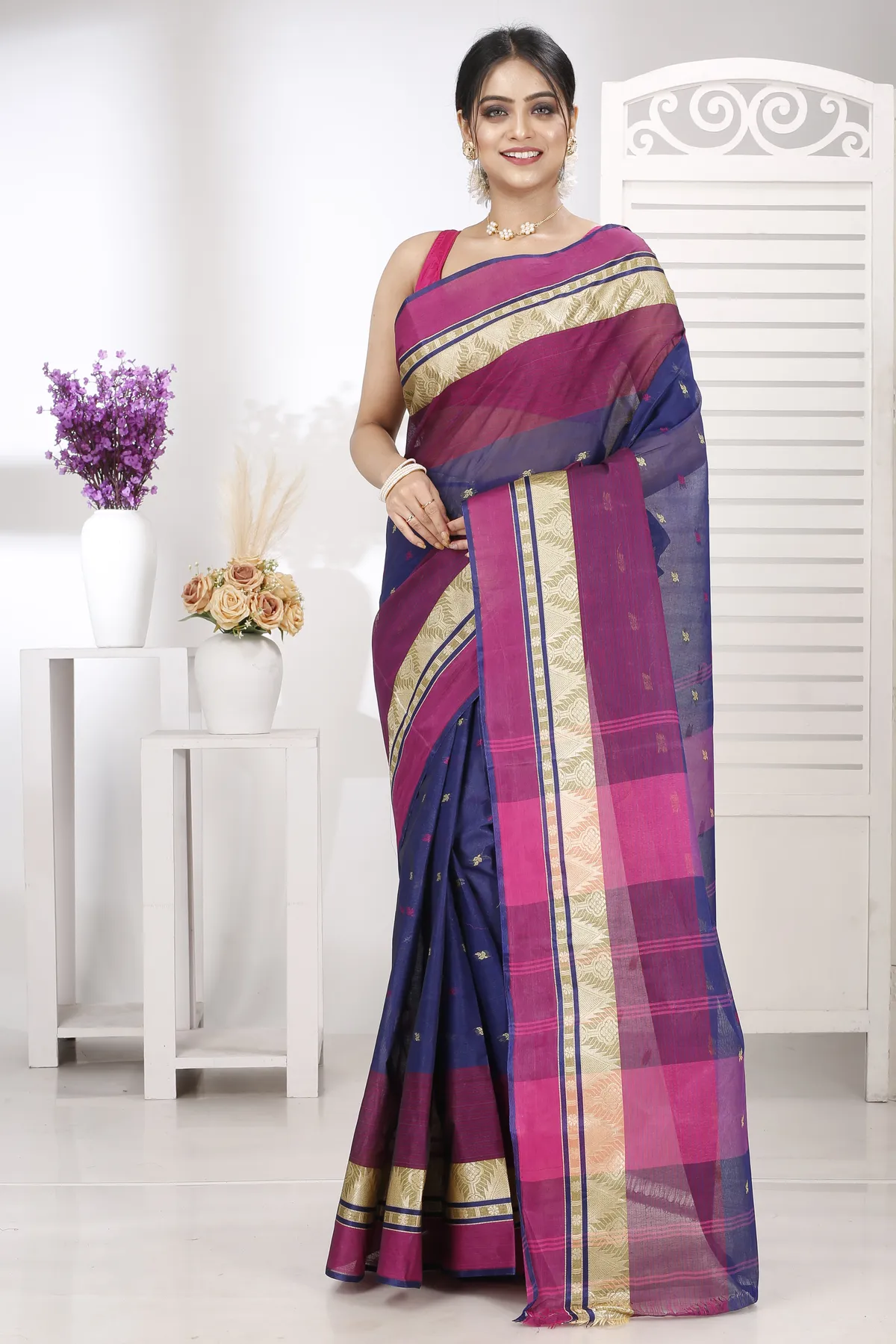 DipDiya Pure Cotton Naby Blue Suto Threads of Tradition Tant Sarees