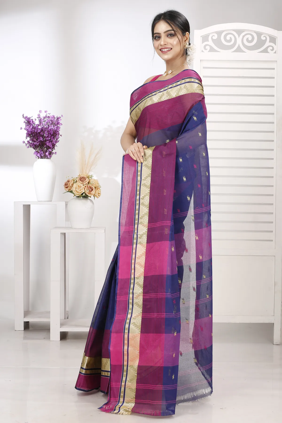 DipDiya Pure Cotton Naby Blue Suto Threads of Tradition Tant Sarees