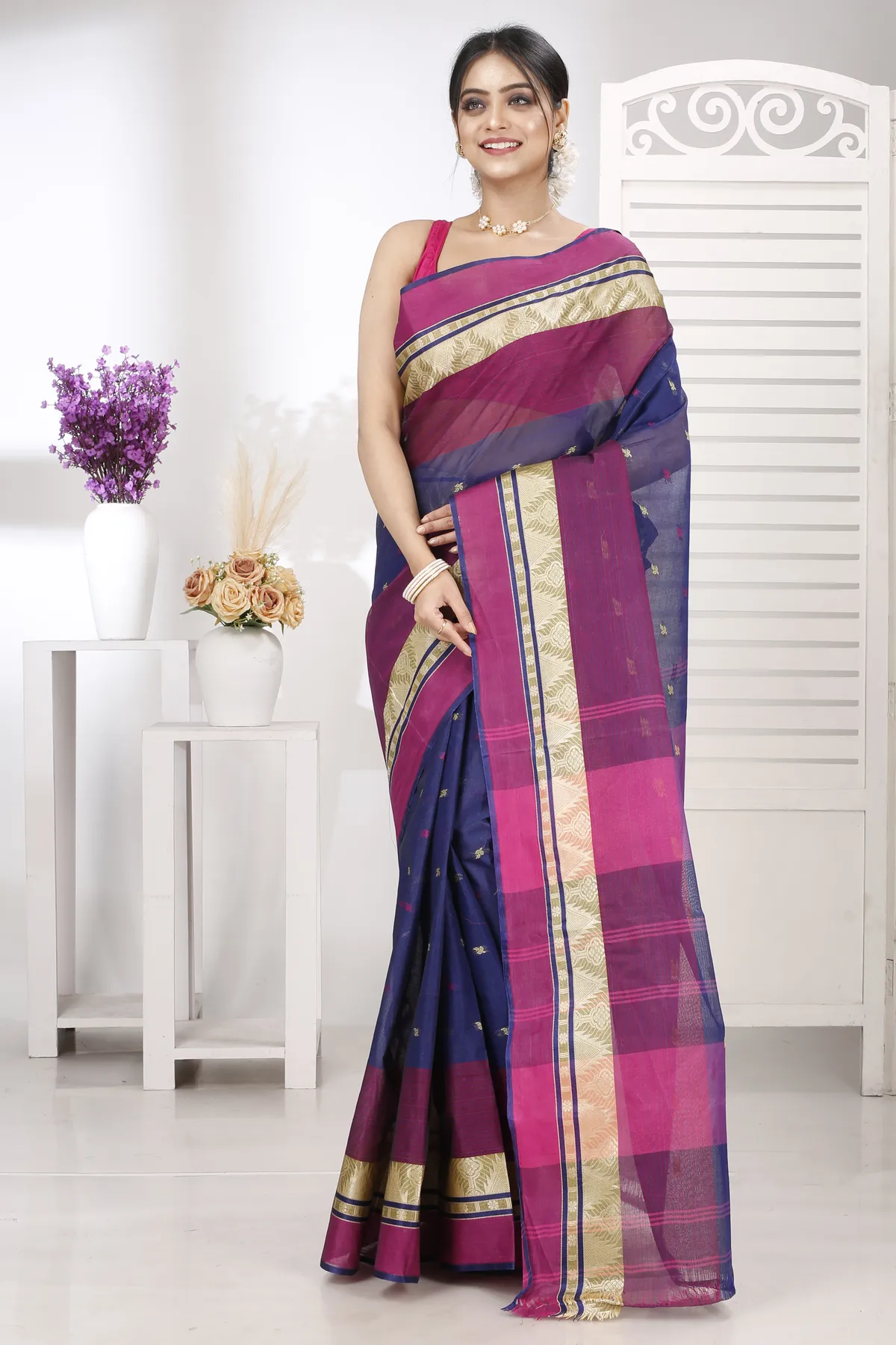 DipDiya Pure Cotton Naby Blue Suto Threads of Tradition Tant Sarees