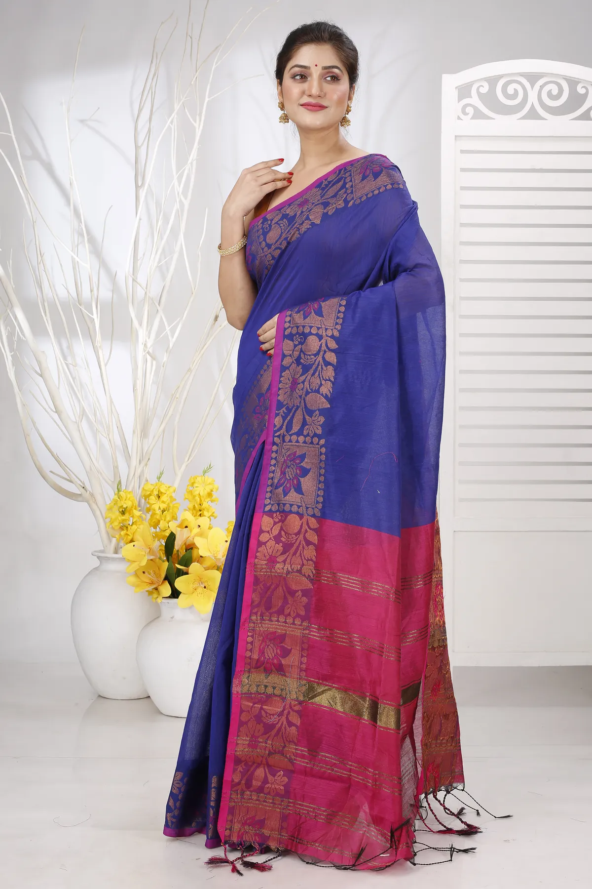DipDiya Pure Cotton Naby Blue Swarno Essence of Bengal Handloom Sarees