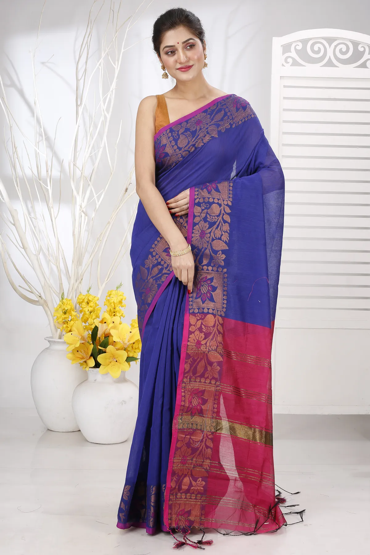 DipDiya Pure Cotton Naby Blue Swarno Essence of Bengal Handloom Sarees