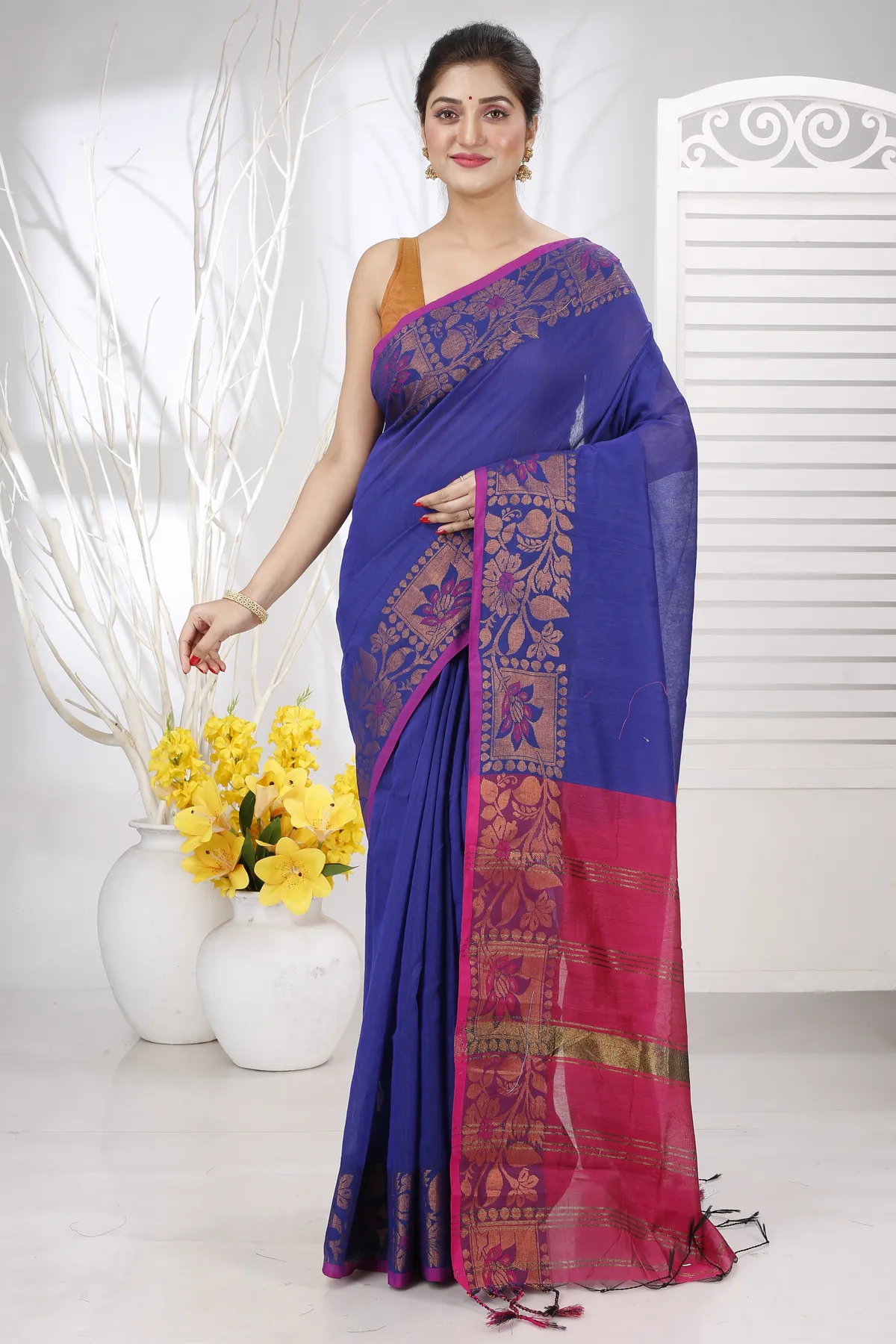 DipDiya Pure Cotton Naby Blue Swarno Essence of Bengal Handloom Sarees