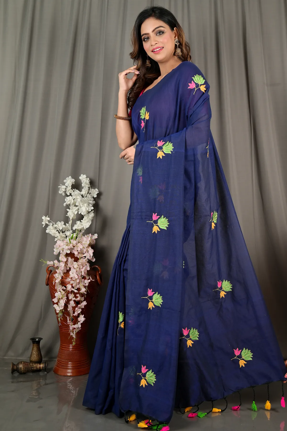 DipDiya Pure Cotton Naby Blue Umkor Than Stories of Bengal Embroidery Handloom sarees