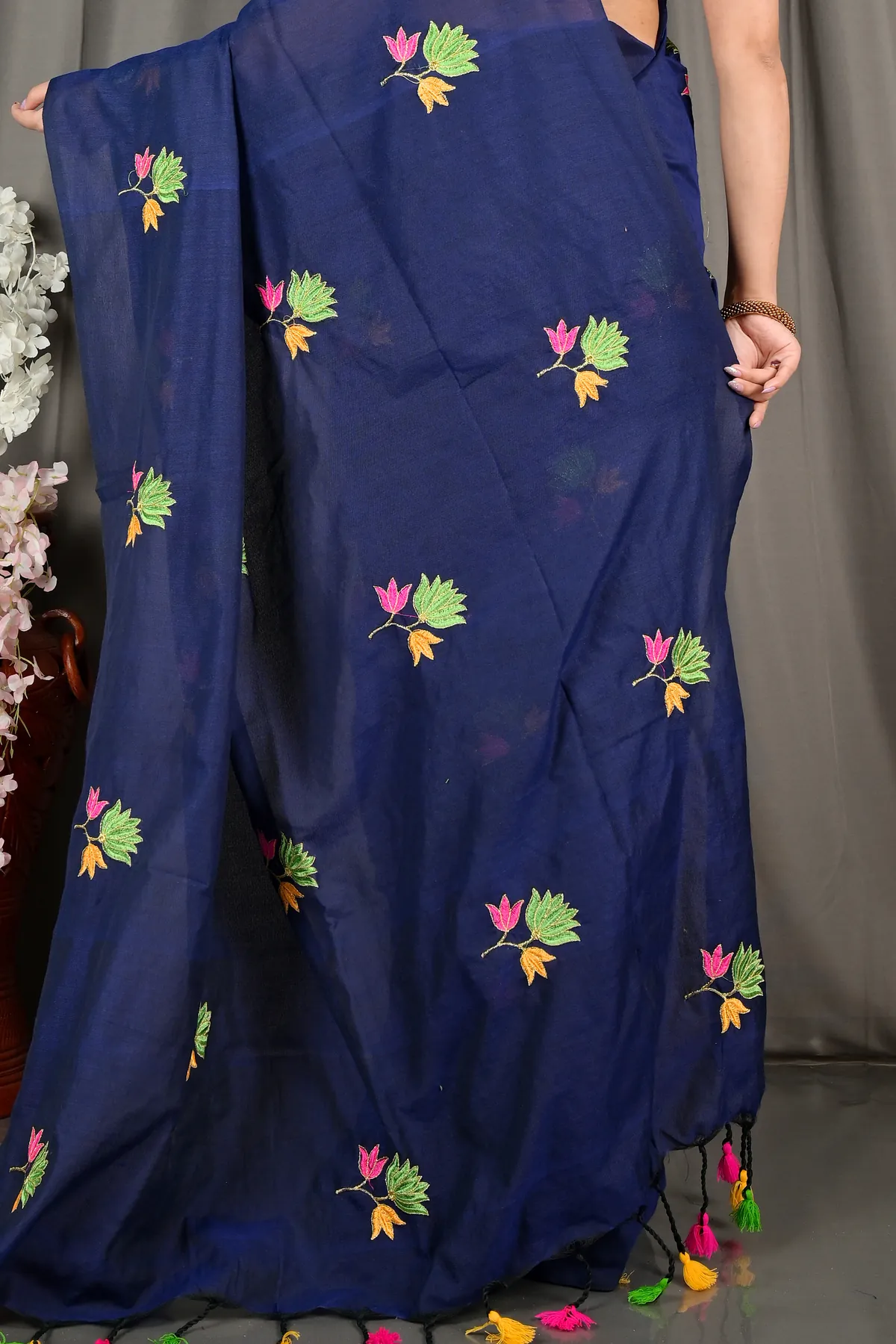 DipDiya Pure Cotton Naby Blue Umkor Than Stories of Bengal Embroidery Handloom sarees