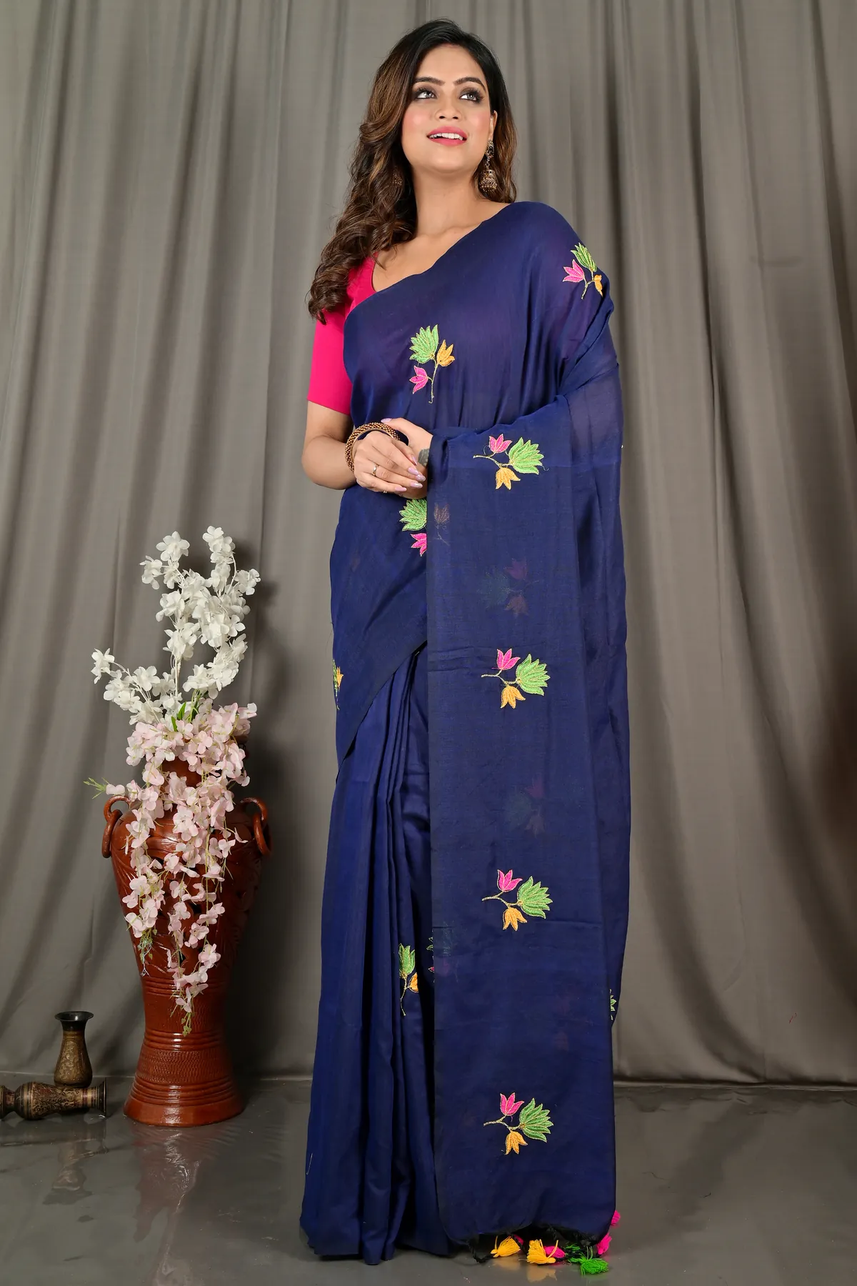 DipDiya Pure Cotton Naby Blue Umkor Than Stories of Bengal Embroidery Handloom sarees