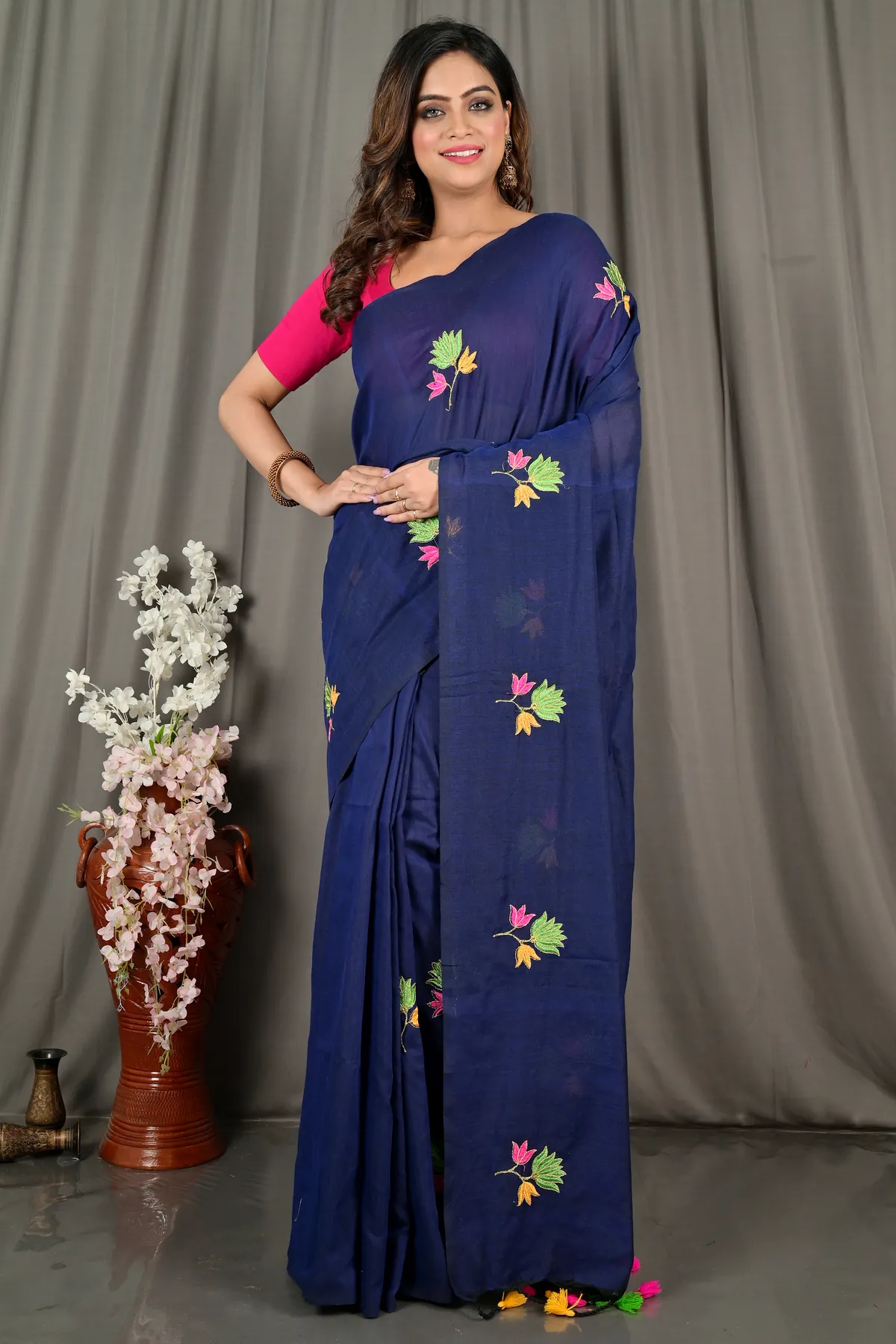 DipDiya Pure Cotton Naby Blue Umkor Than Stories of Bengal Embroidery Handloom sarees