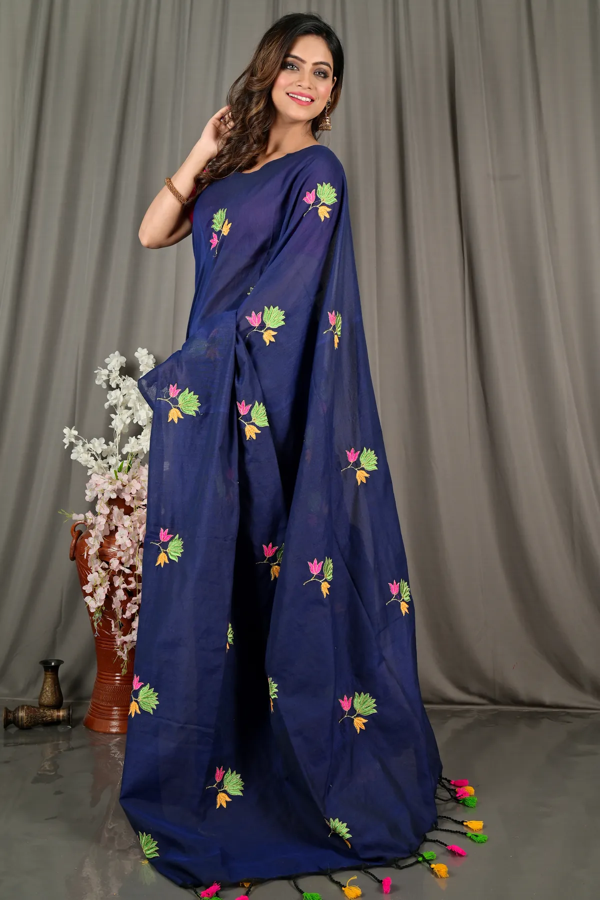 DipDiya Pure Cotton Naby Blue Umkor Than Stories of Bengal Embroidery Handloom sarees