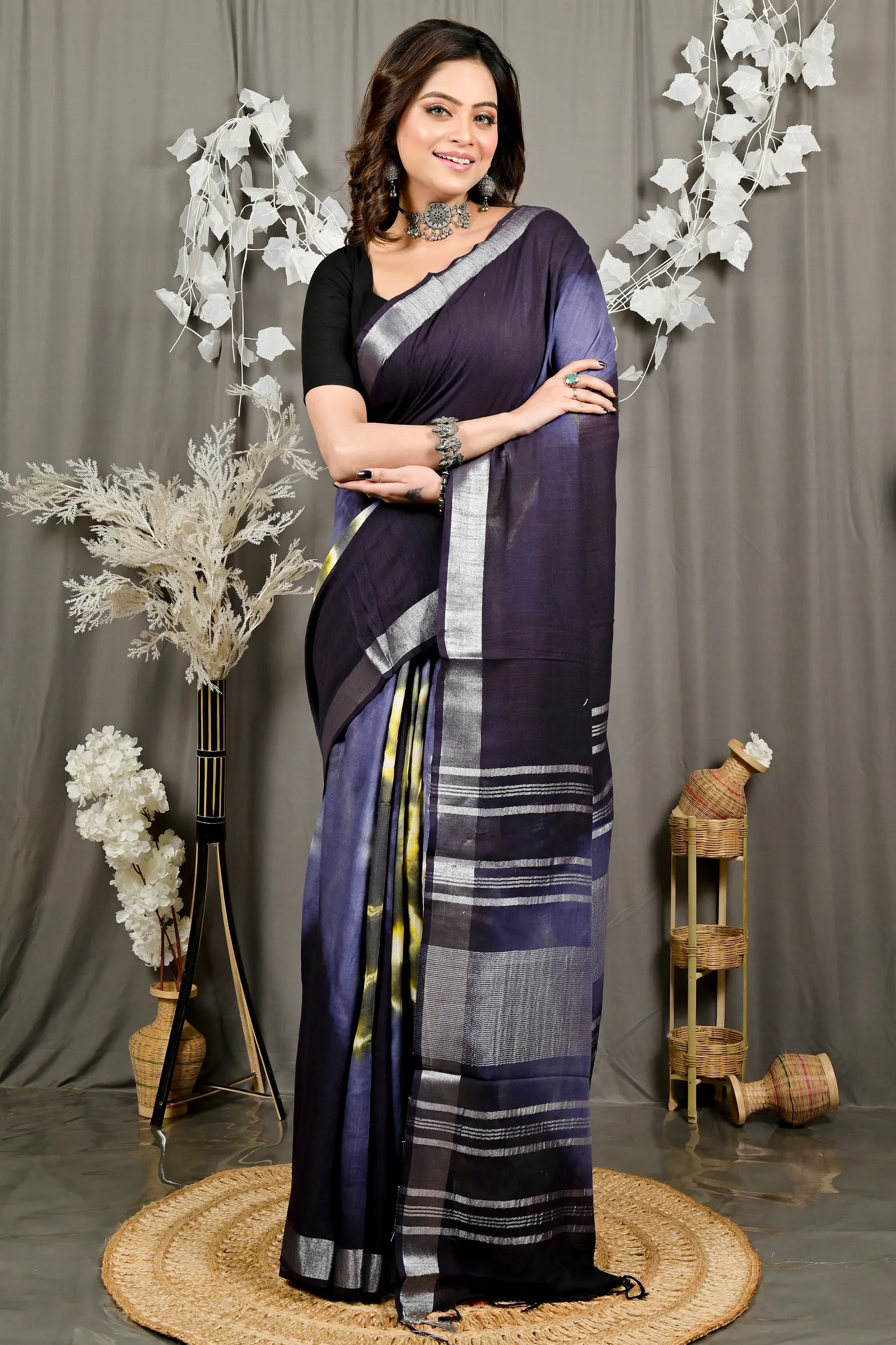 DipDiya Pure Cotton Night Blue Finui Pure Bengali Grace Handloom Sarees