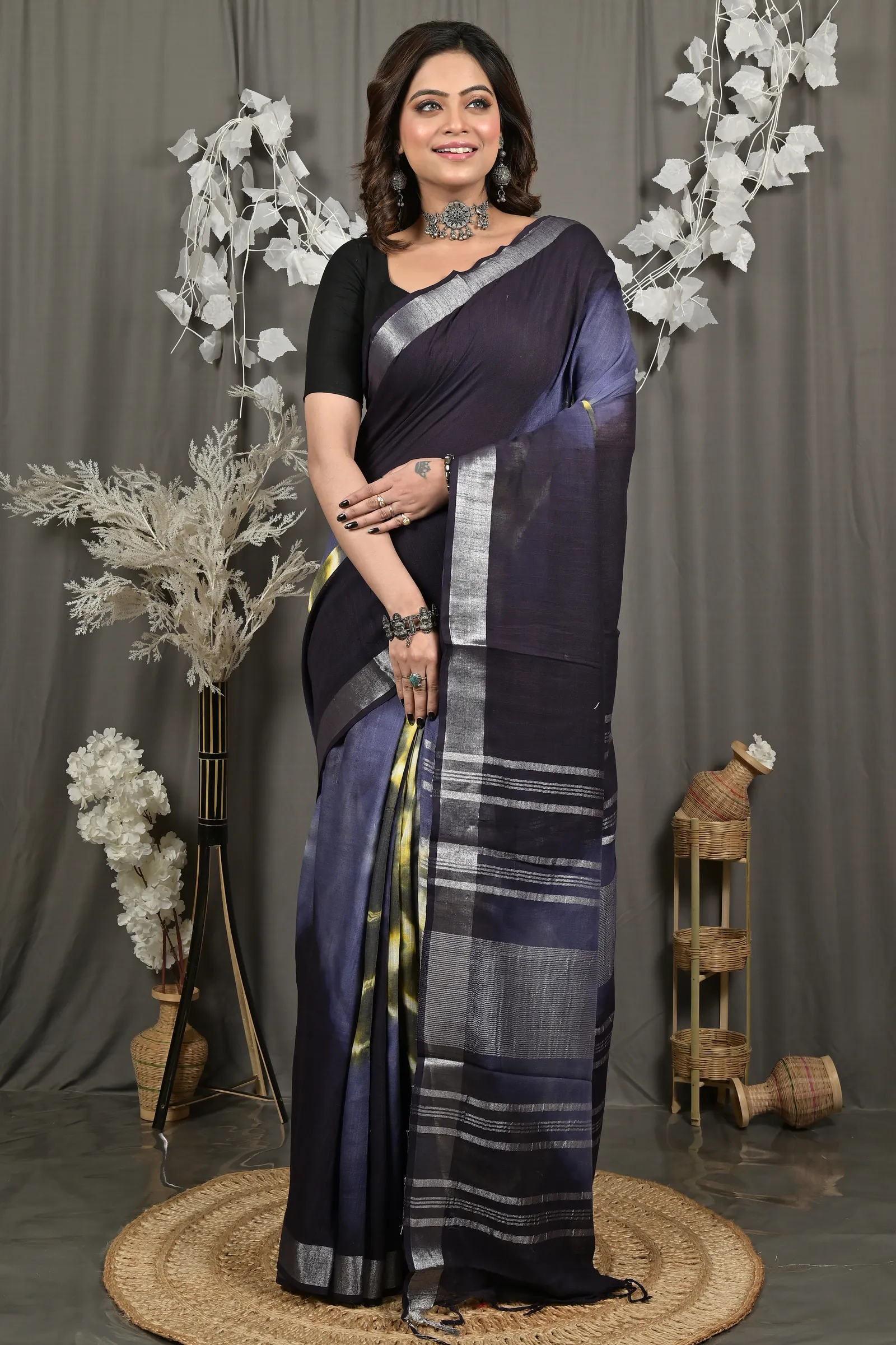 DipDiya Pure Cotton Night Blue Finui Pure Bengali Grace Handloom Sarees