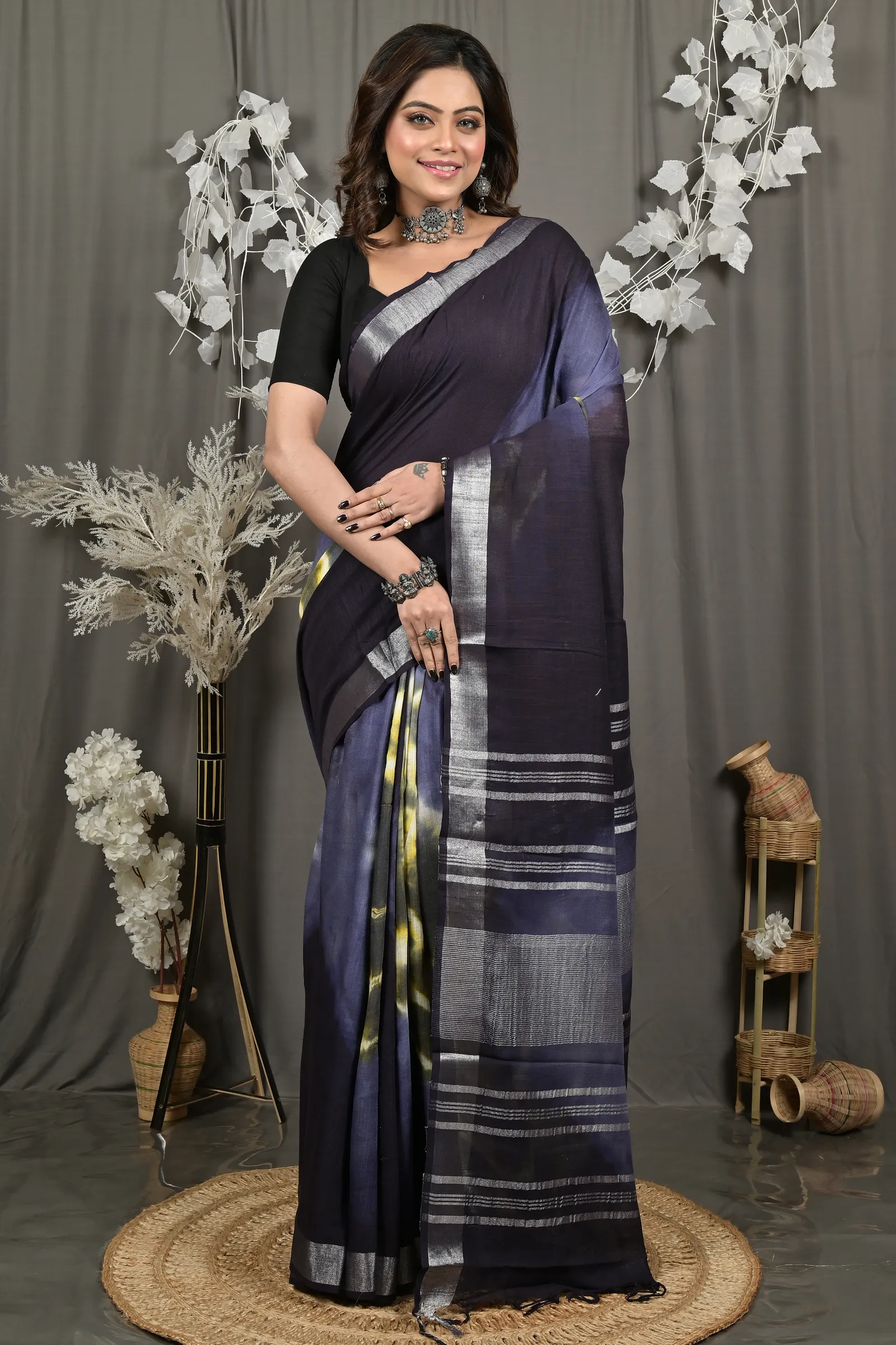 DipDiya Pure Cotton Night Blue Finui Pure Bengali Grace Handloom Sarees