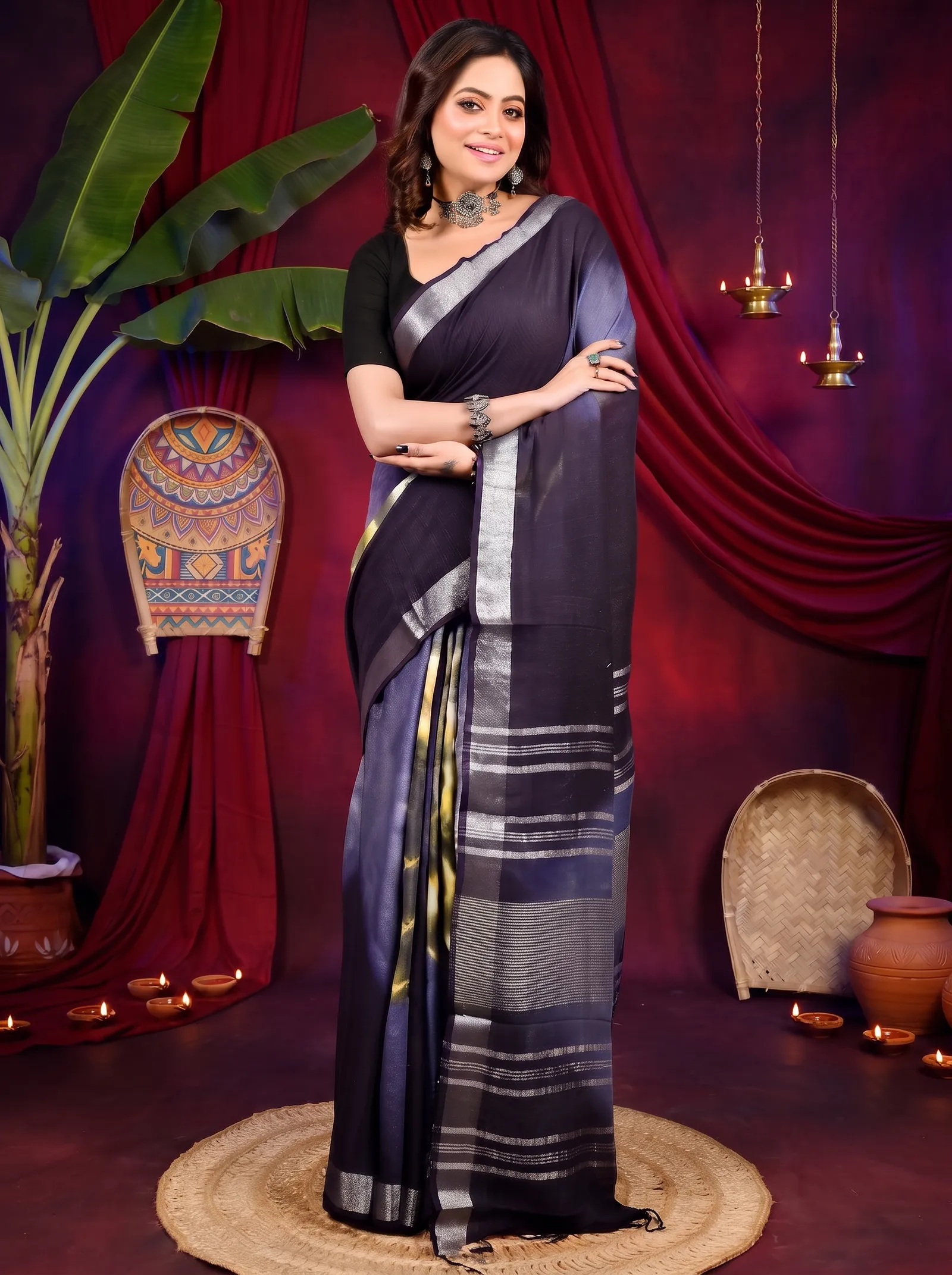 DipDiya Pure Cotton Night Blue Finui Pure Bengali Grace Handloom Sarees