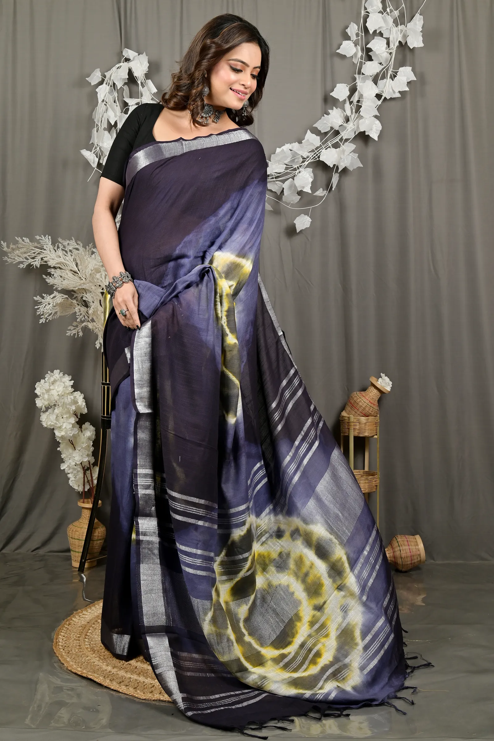 DipDiya Pure Cotton Night Blue Finui Pure Bengali Grace Handloom Sarees