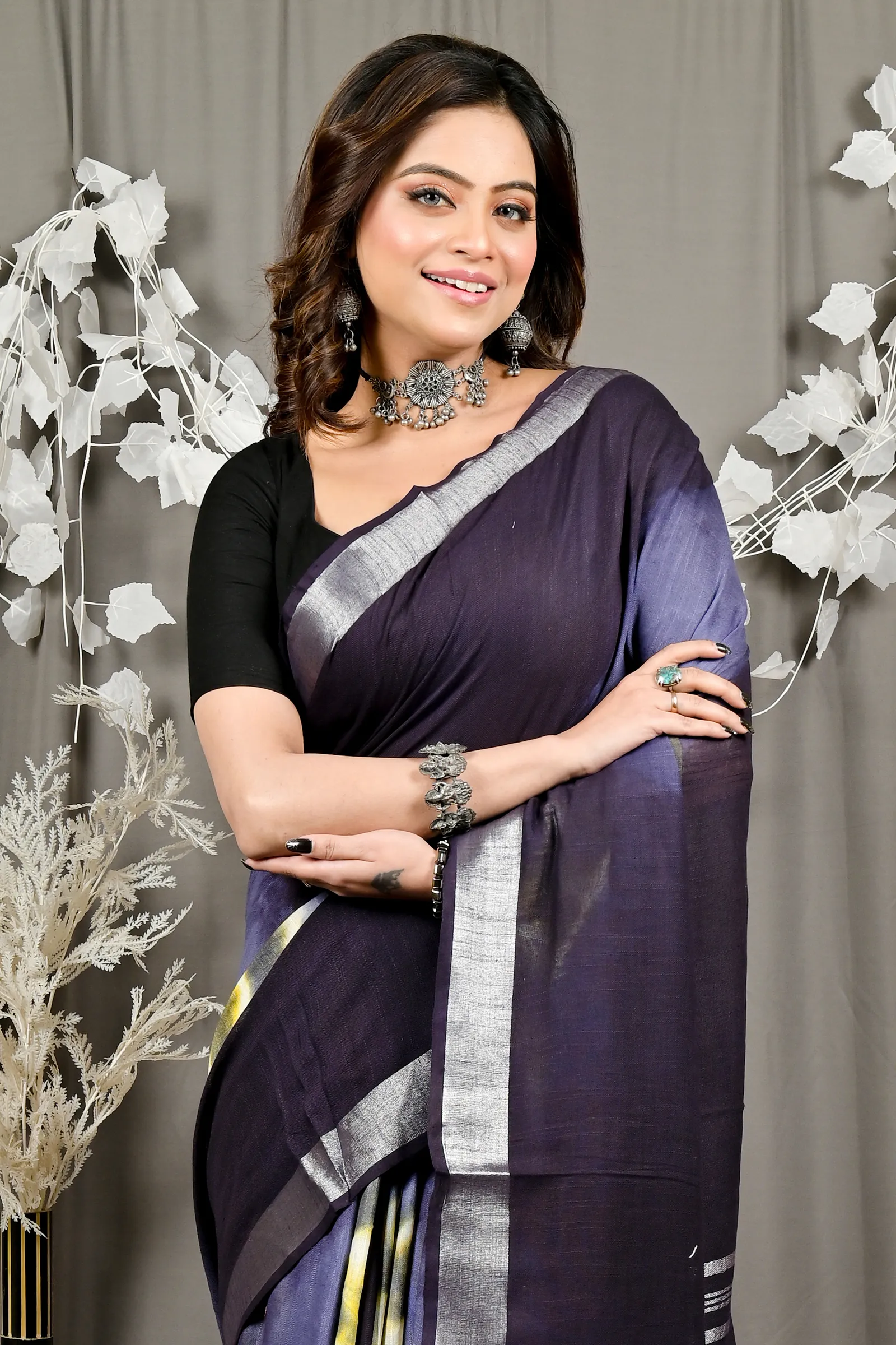 DipDiya Pure Cotton Night Blue Finui Pure Bengali Grace Handloom Sarees