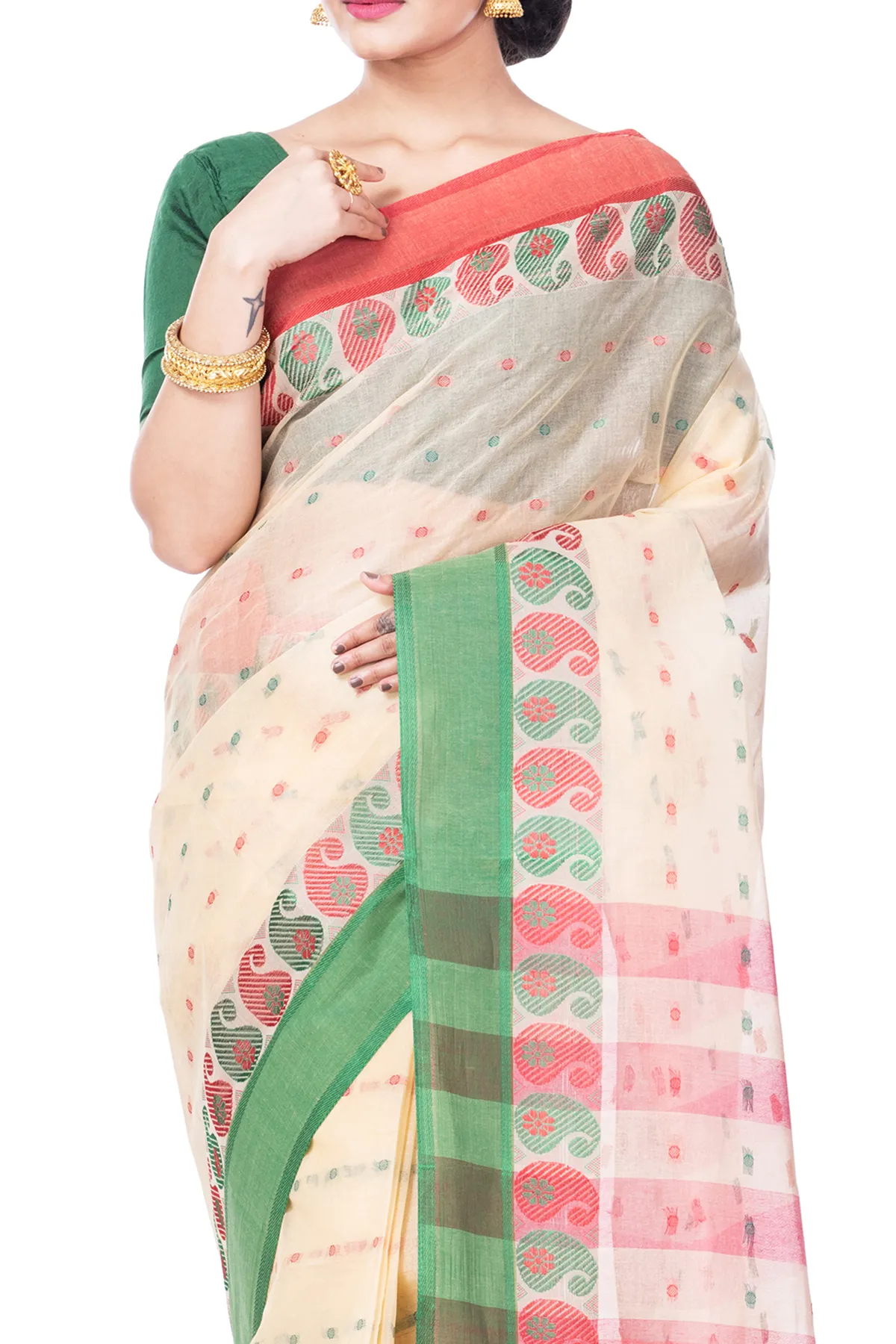 DipDiya Pure Cotton Off-White Amkolka Par Elegant by Tradition Tant Sarees