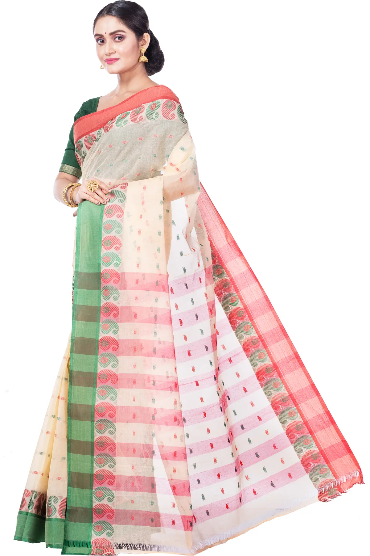 DipDiya Pure Cotton Off-White Amkolka Par Elegant by Tradition Tant Sarees
