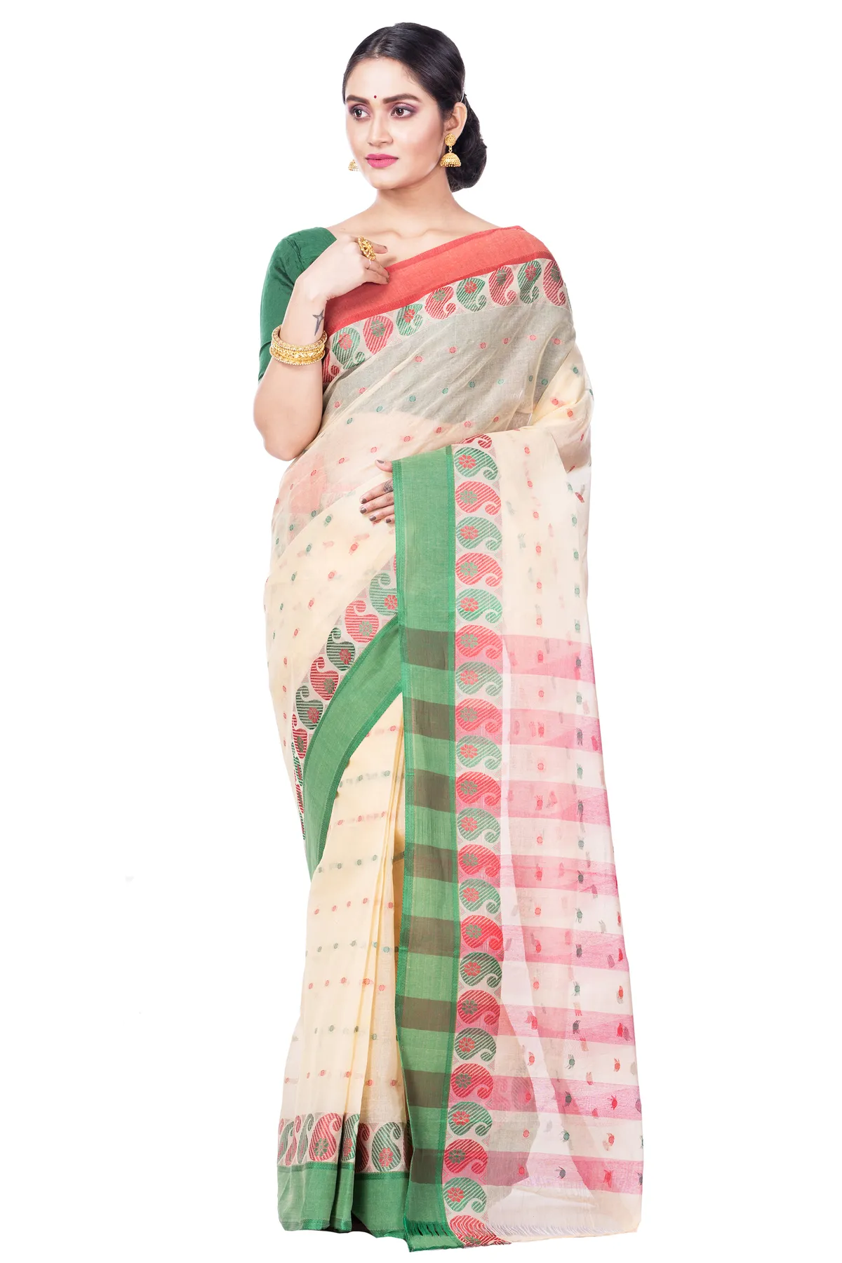 DipDiya Pure Cotton Off-White Amkolka Par Elegant by Tradition Tant Sarees