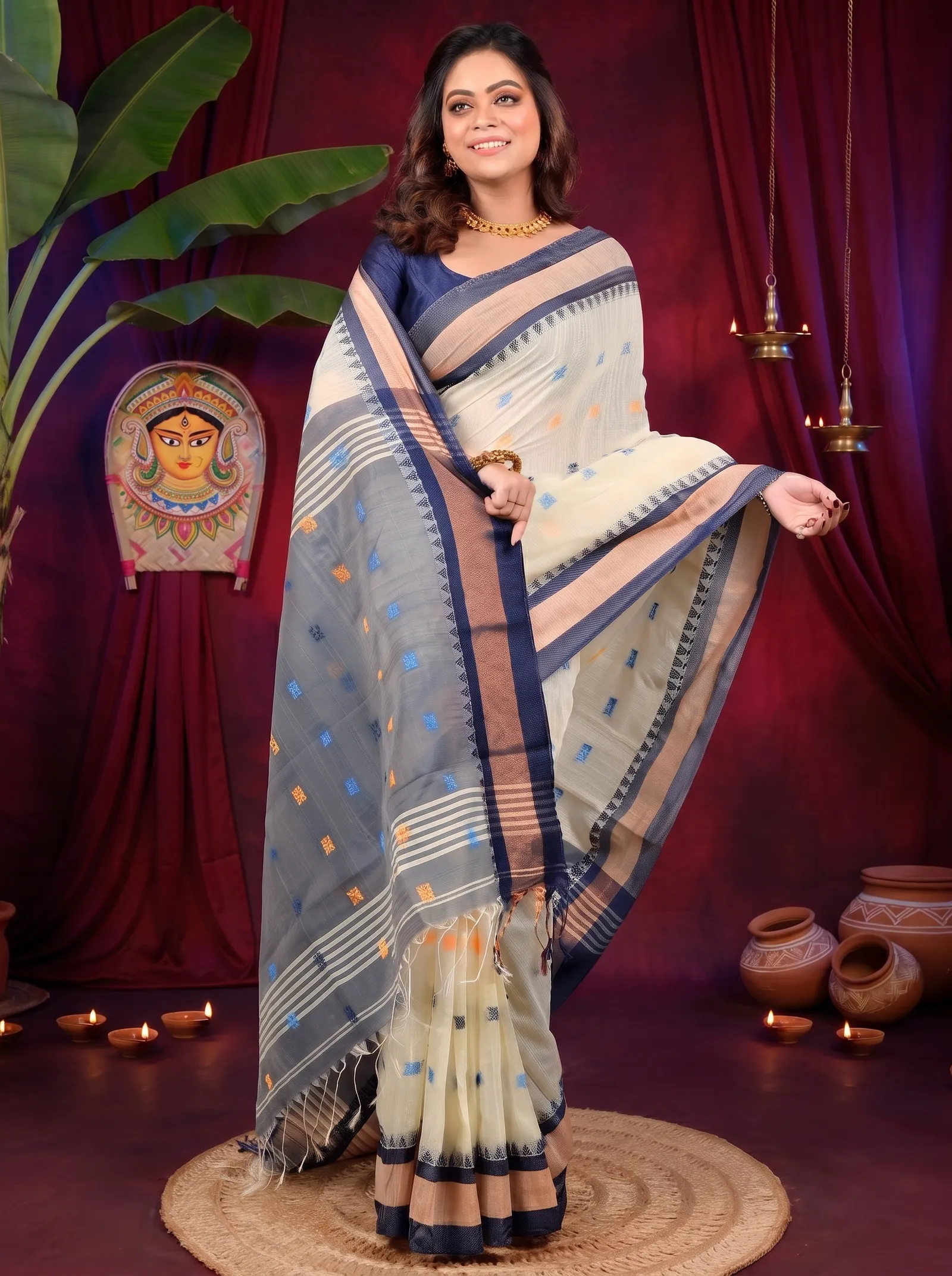 DipDiya Pure Cotton Off White Blue Debasi Crafted by Artisans Handloom Sarees