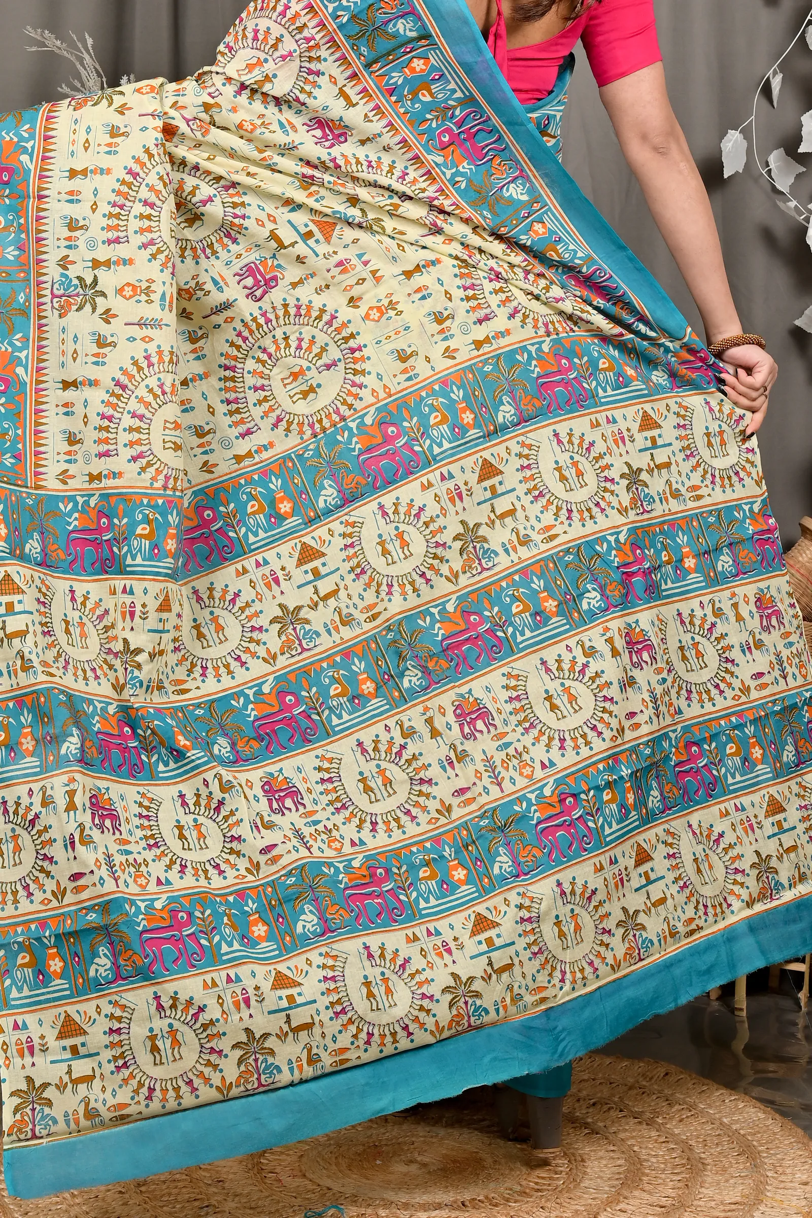 DipDiya Pure Cotton Off White Blue Feepsi Crafted in Bengal Kalamkari Printed Sarees