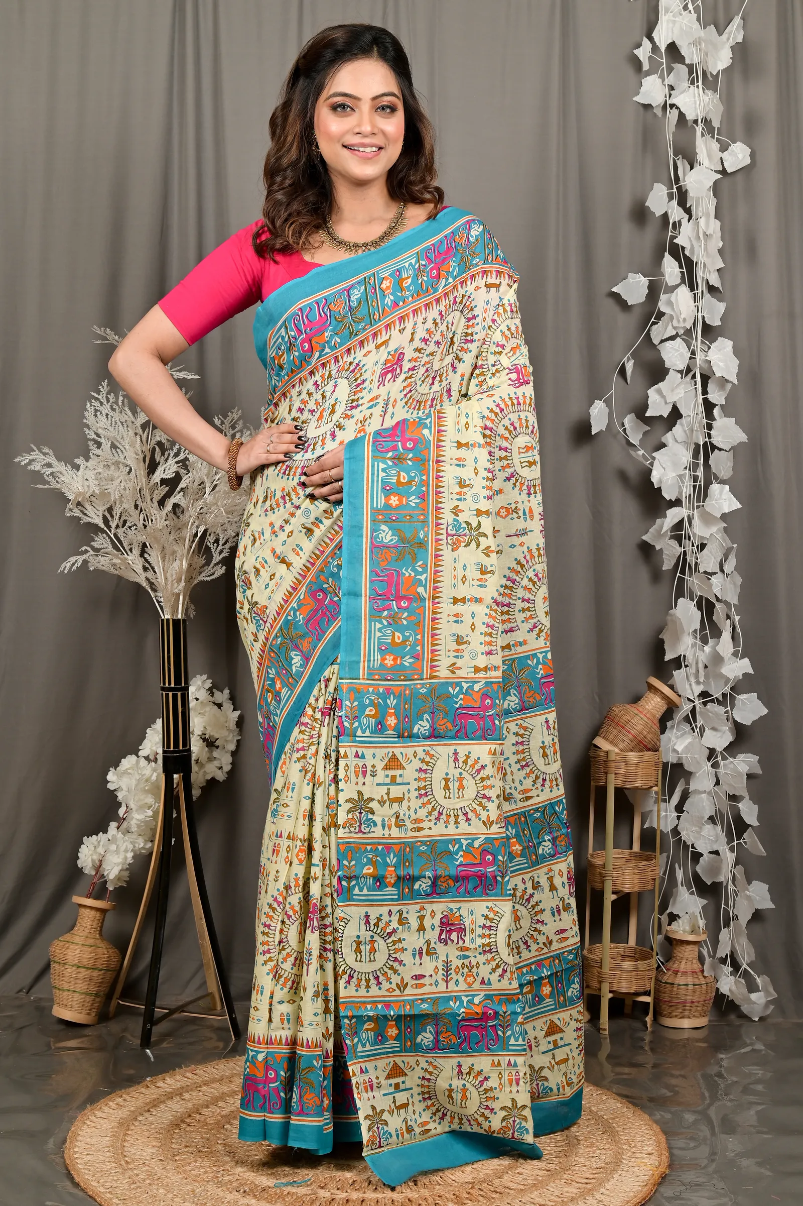 DipDiya Pure Cotton Off White Blue Feepsi Crafted in Bengal Kalamkari Printed Sarees