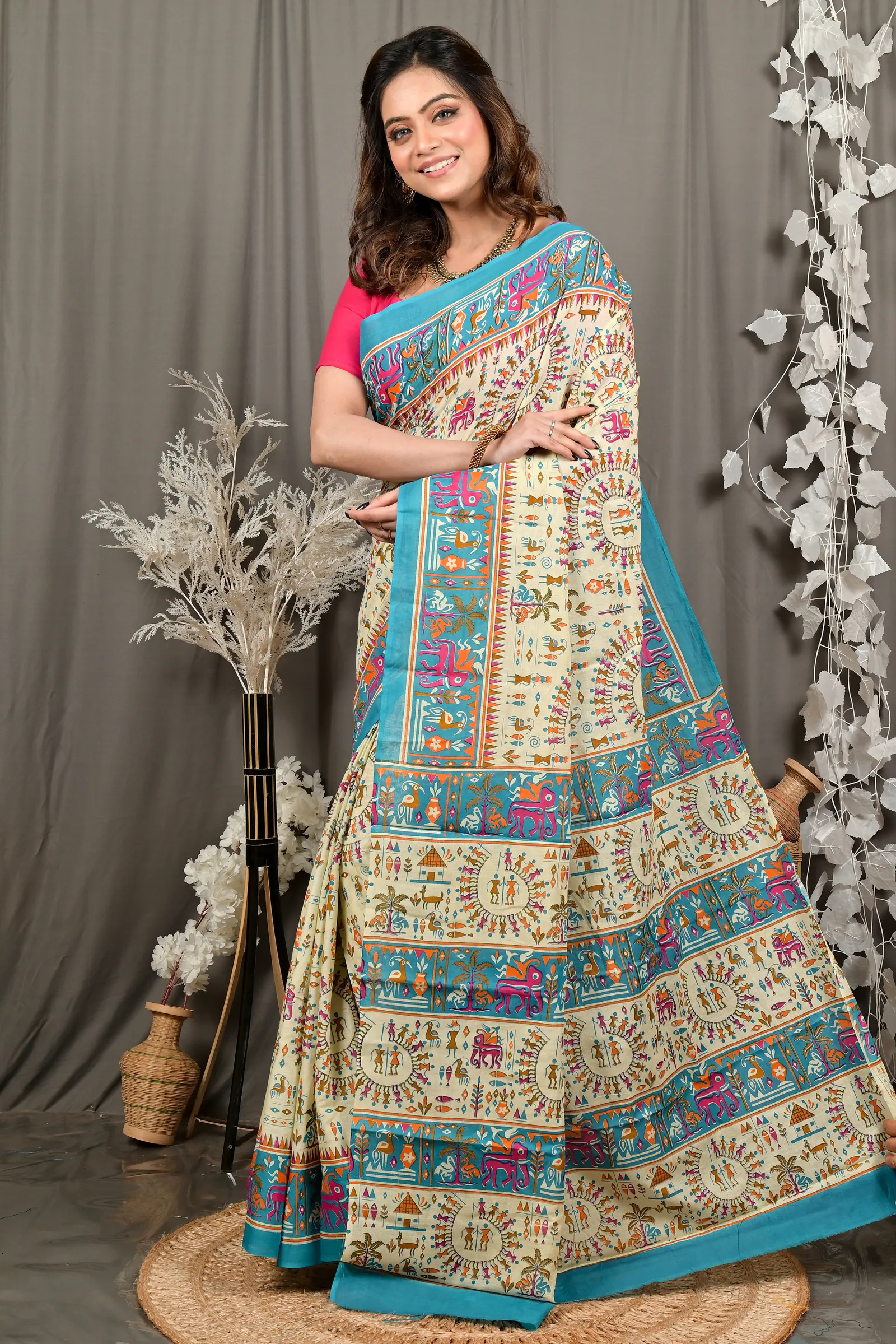 DipDiya Pure Cotton Off White Blue Feepsi Crafted in Bengal Kalamkari Printed Sarees