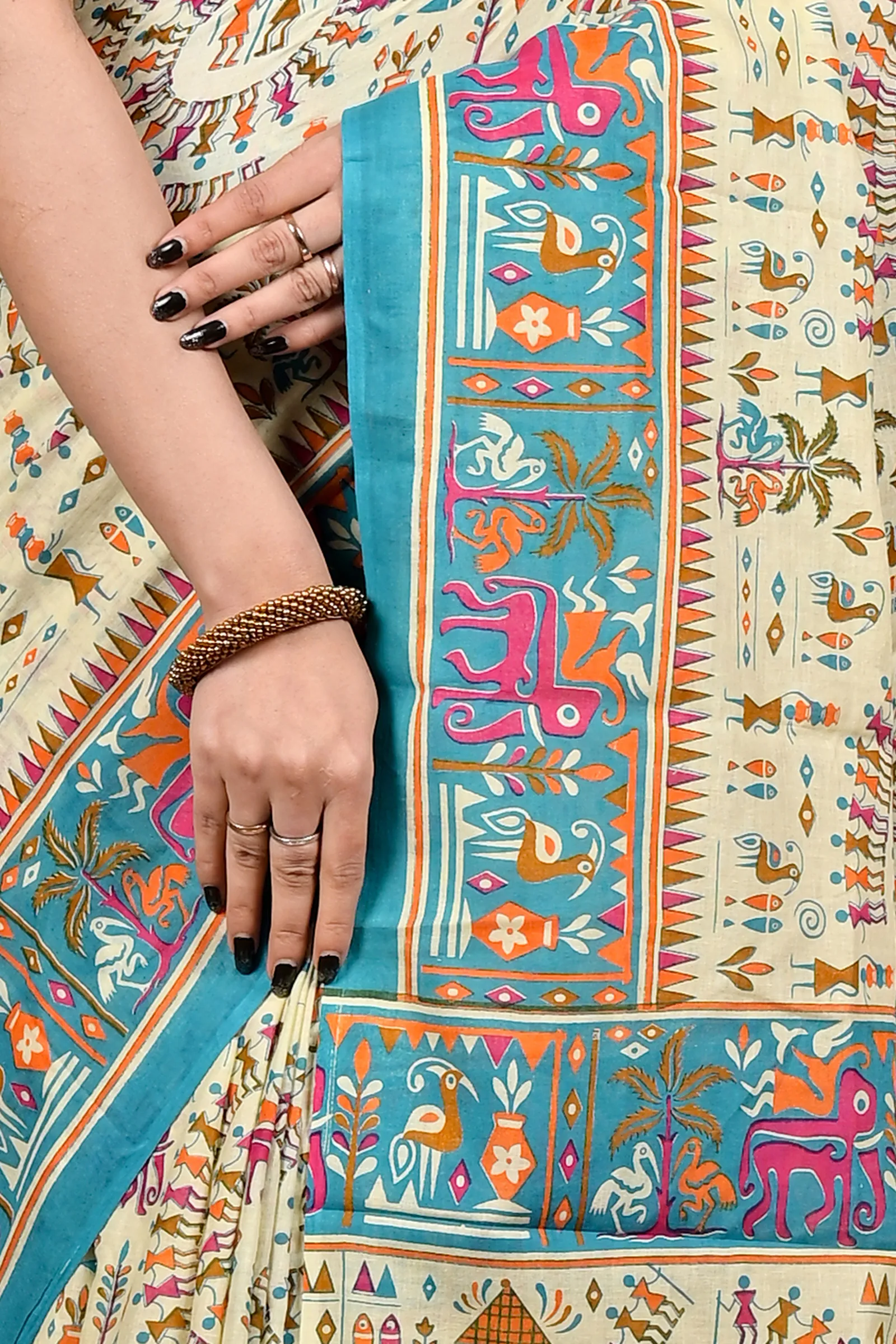 DipDiya Pure Cotton Off White Blue Feepsi Crafted in Bengal Kalamkari Printed Sarees