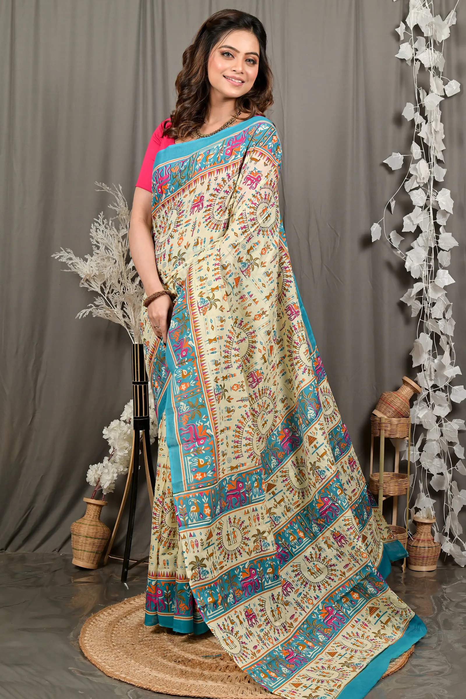DipDiya Pure Cotton Off White Blue Feepsi Crafted in Bengal Kalamkari Printed Sarees