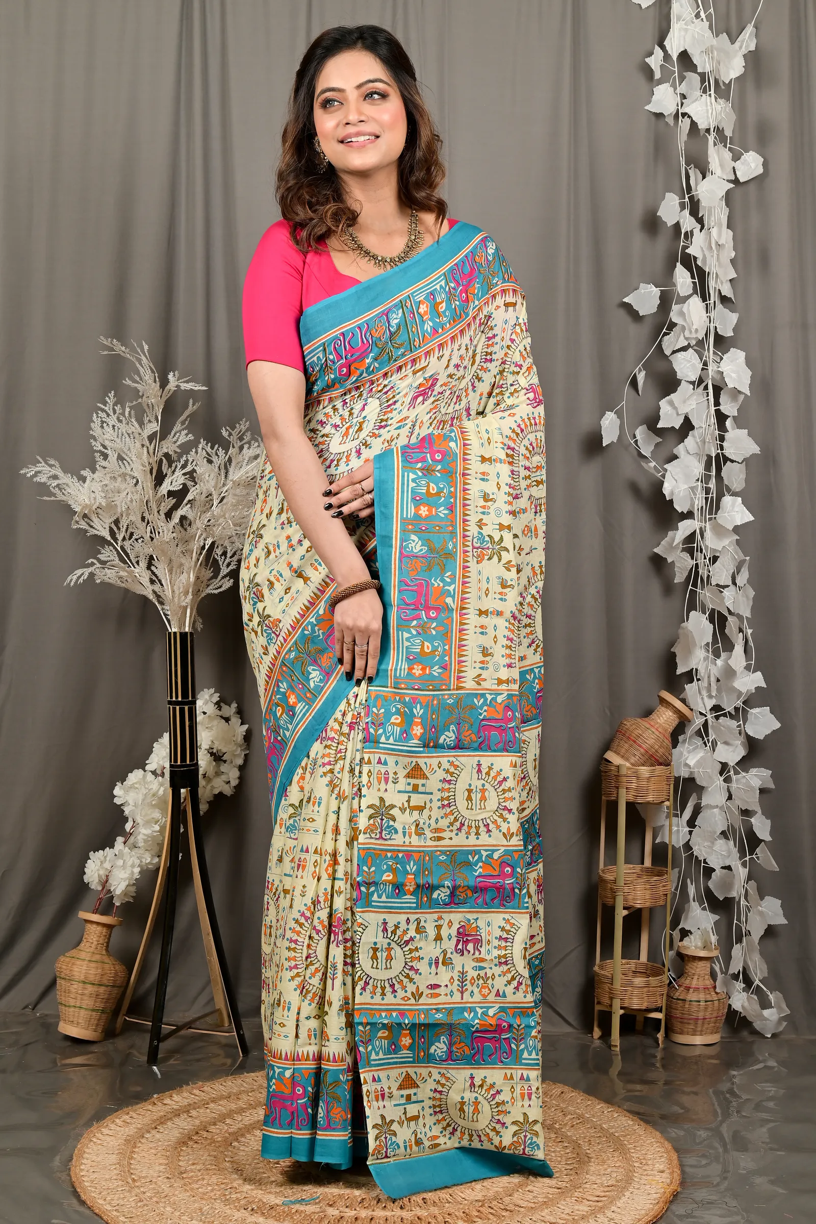 DipDiya Pure Cotton Off White Blue Feepsi Crafted in Bengal Kalamkari Printed Sarees