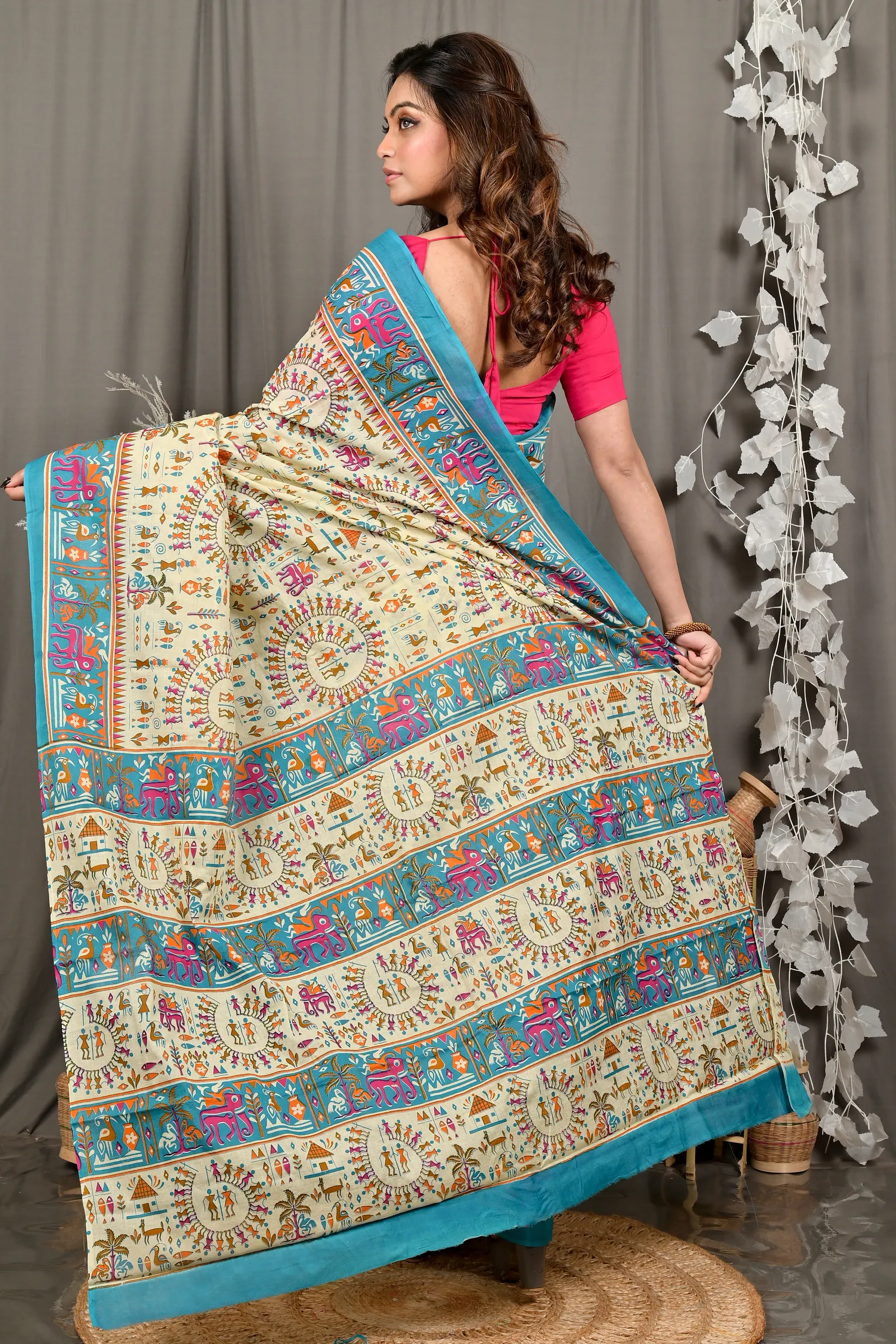 DipDiya Pure Cotton Off White Blue Feepsi Crafted in Bengal Kalamkari Printed Sarees