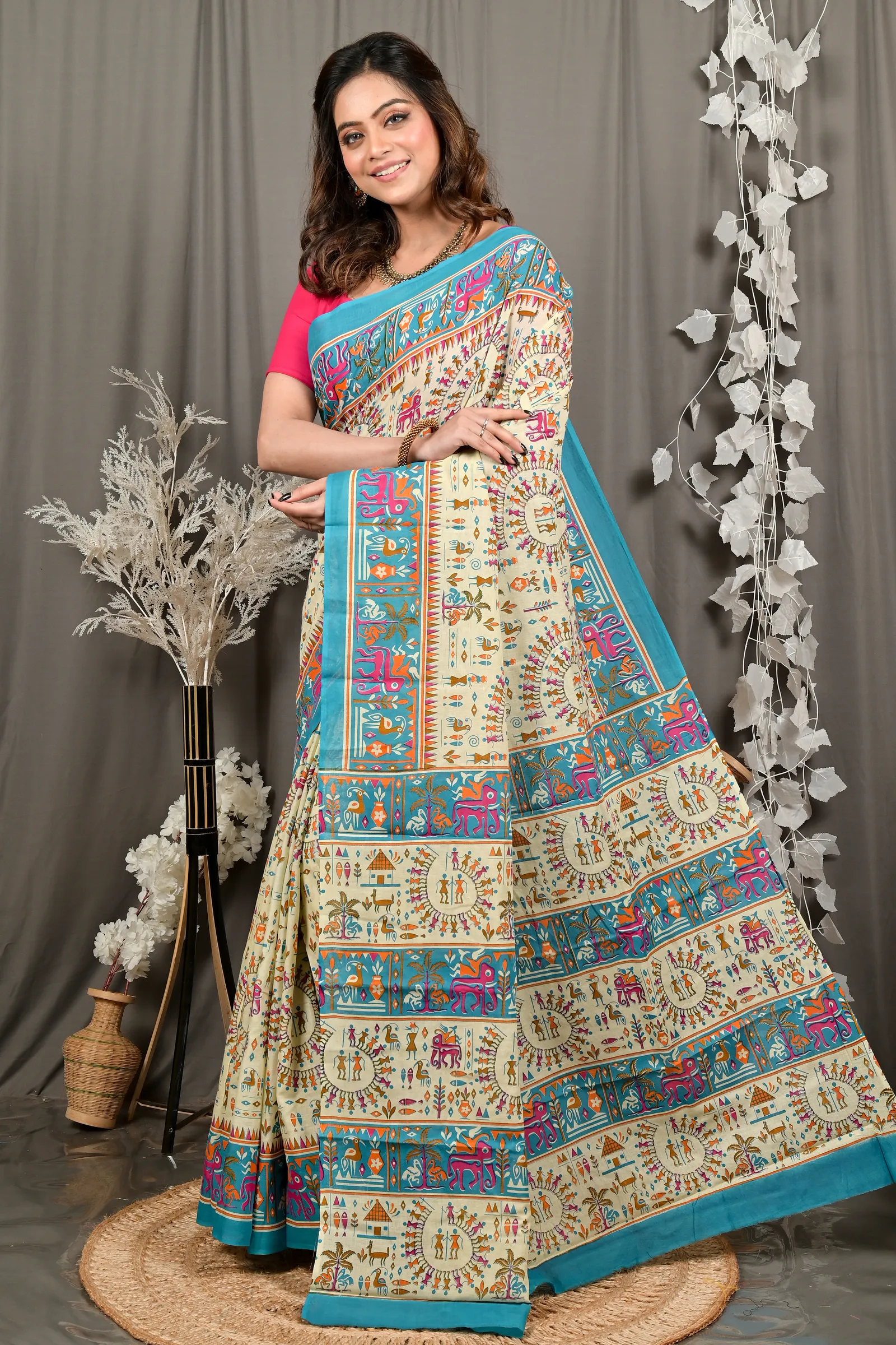 DipDiya Pure Cotton Off White Blue Feepsi Crafted in Bengal Kalamkari Printed Sarees
