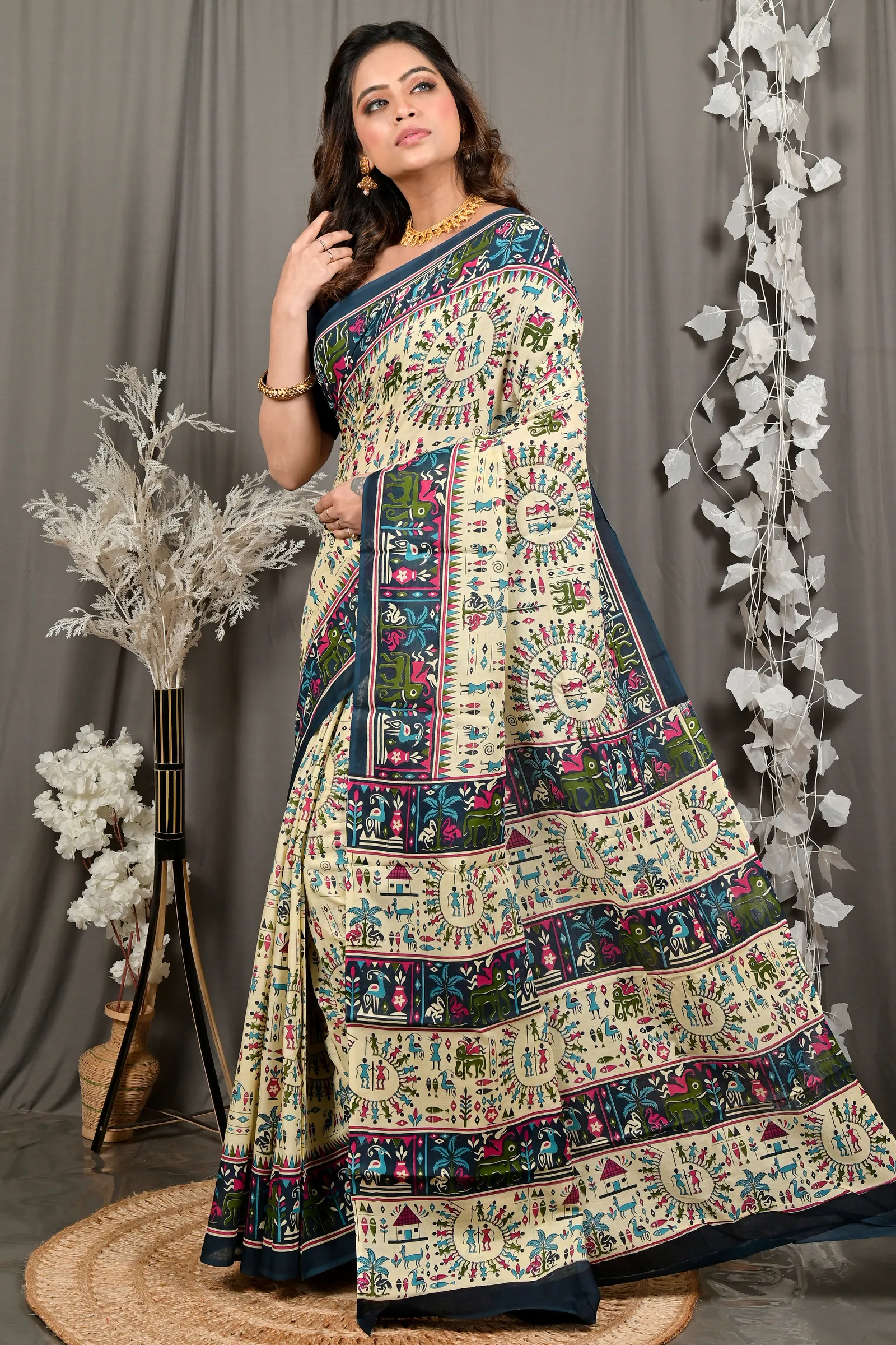 DipDiya Pure Cotton Off White Blue Feepsi Effortless Tradition Kalamkari Printed Sarees
