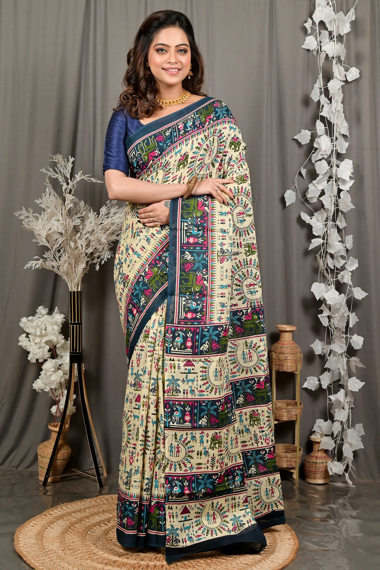 DipDiya Pure Cotton Off White Blue Feepsi Effortless Tradition Kalamkari Printed Sarees