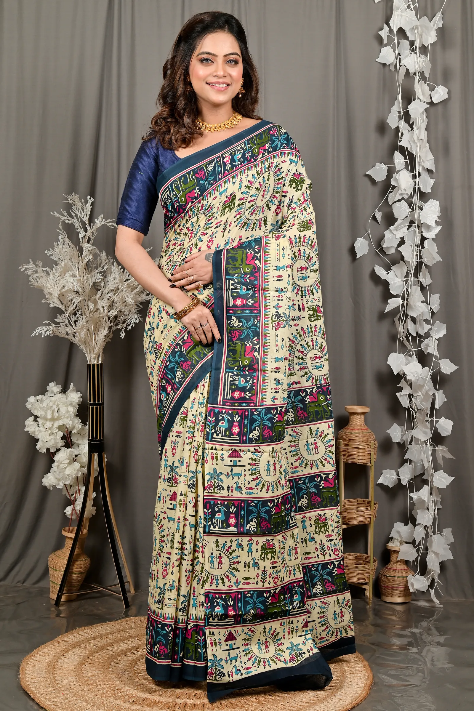 DipDiya Pure Cotton Off White Blue Feepsi Effortless Tradition Kalamkari Printed Sarees