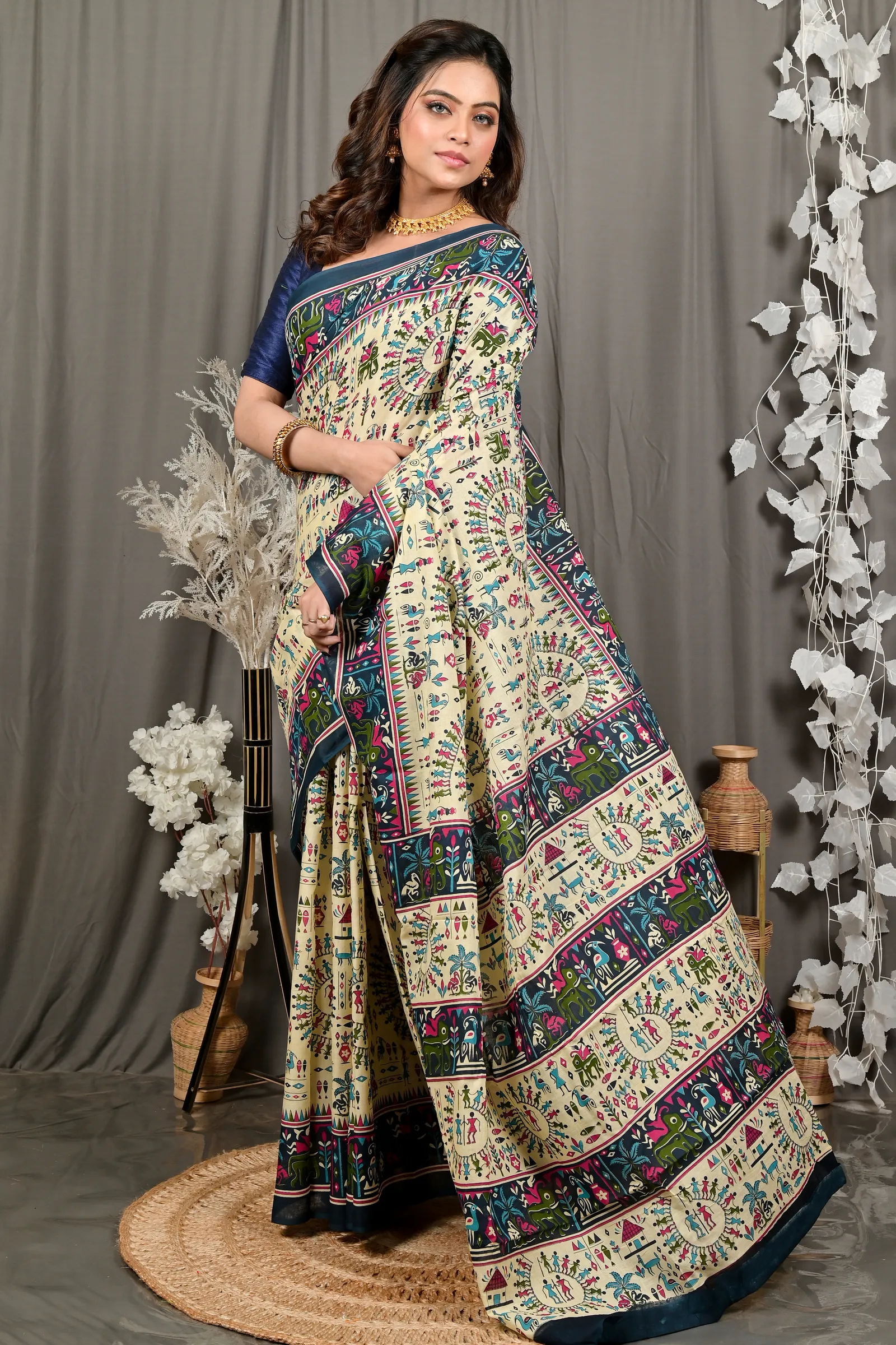 DipDiya Pure Cotton Off White Blue Feepsi Effortless Tradition Kalamkari Printed Sarees