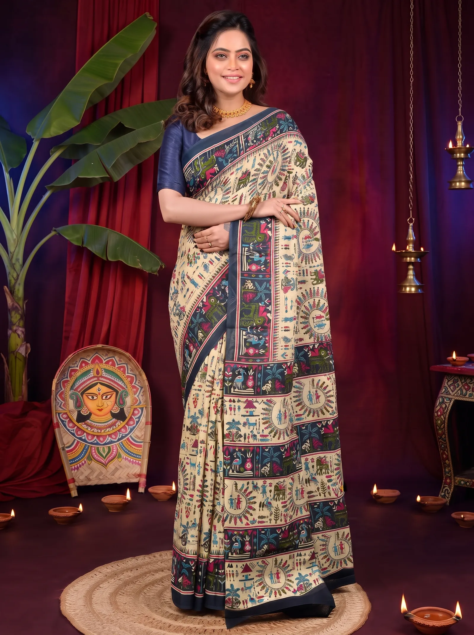 DipDiya Pure Cotton Off White Blue Feepsi Effortless Tradition Kalamkari Printed Sarees