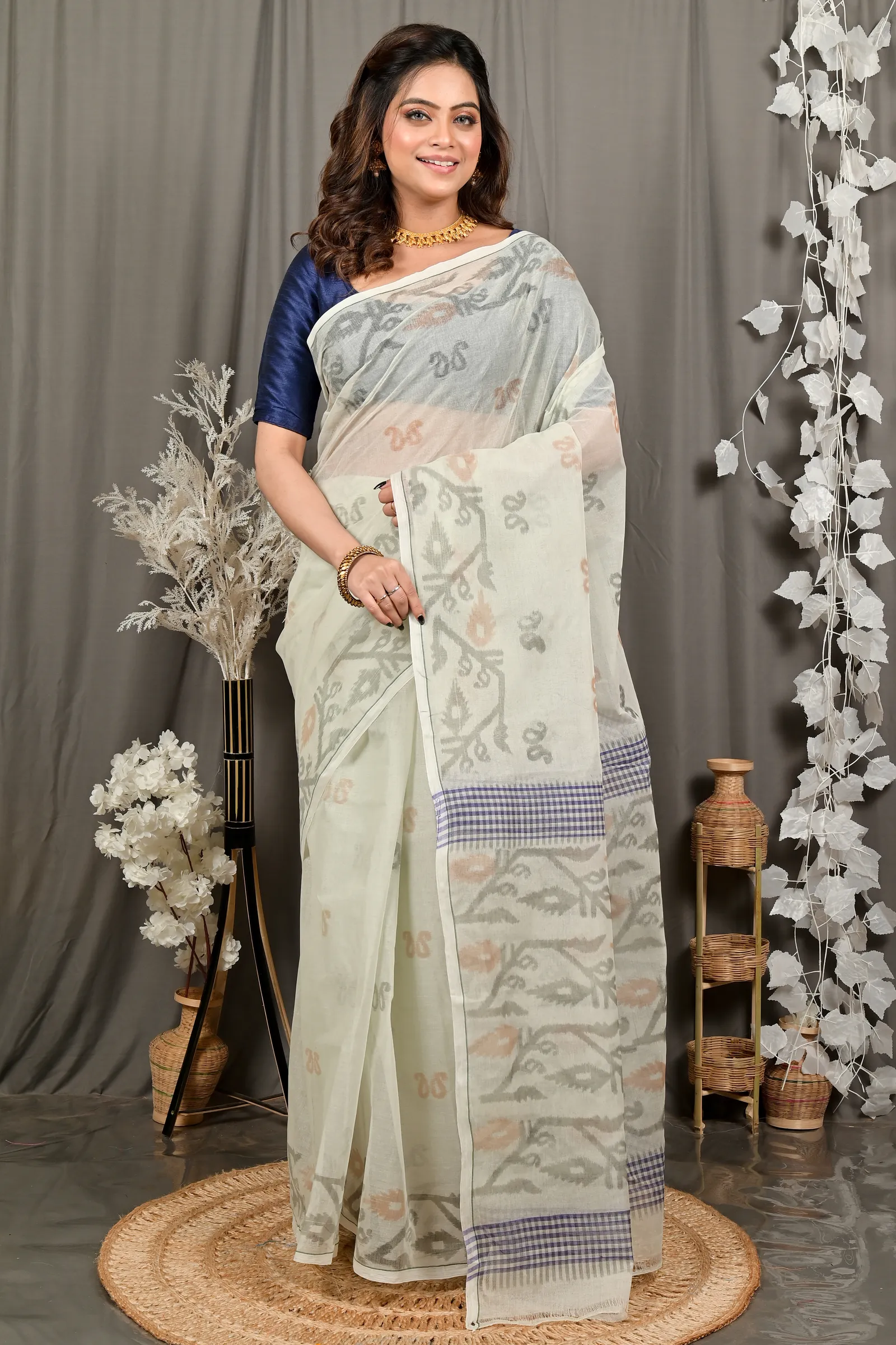 DipDiya Pure Cotton Off White Divani Weaves with a Story Printed Tant Sarees