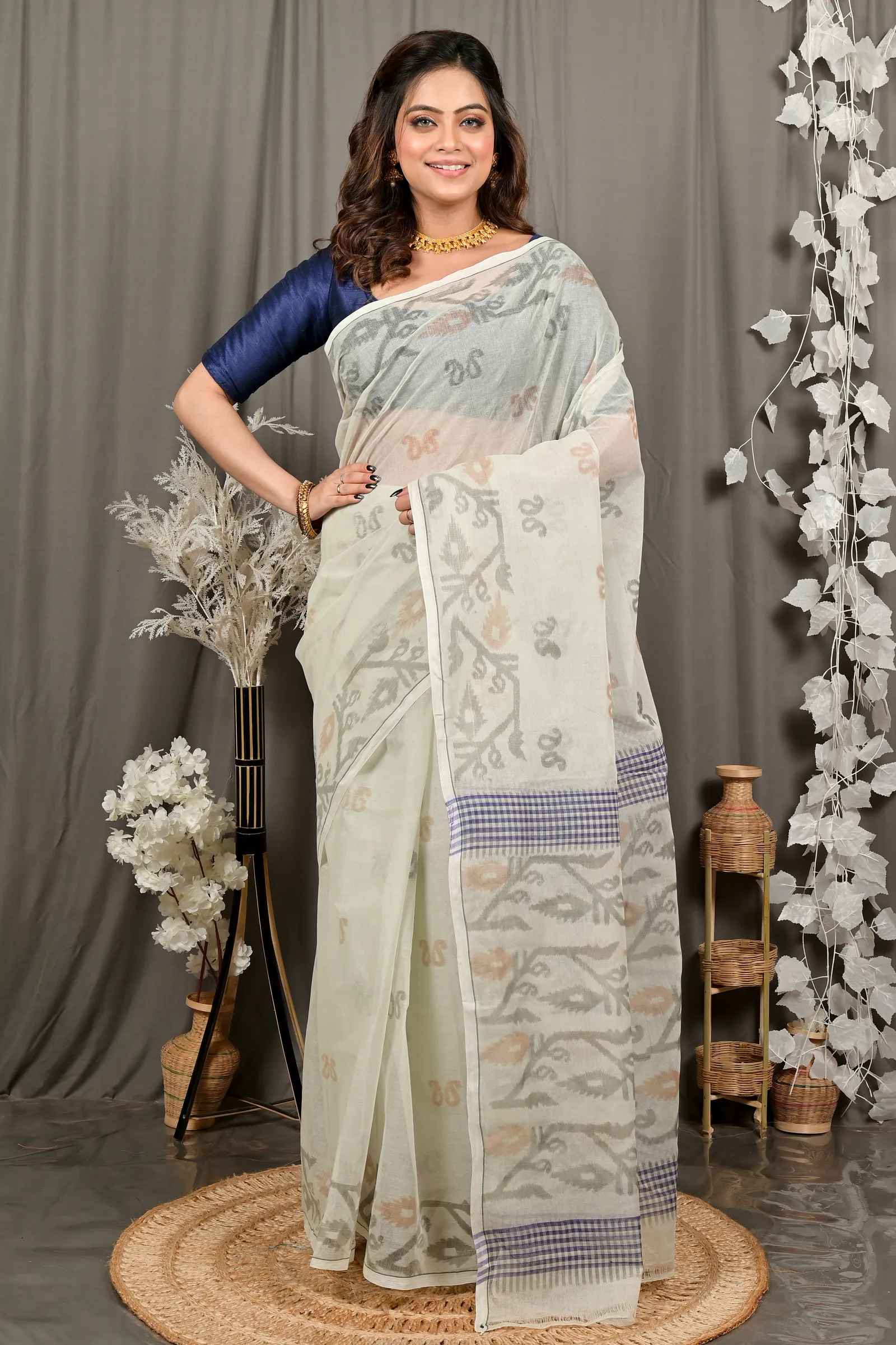DipDiya Pure Cotton Off White Divani Weaves with a Story Printed Tant Sarees