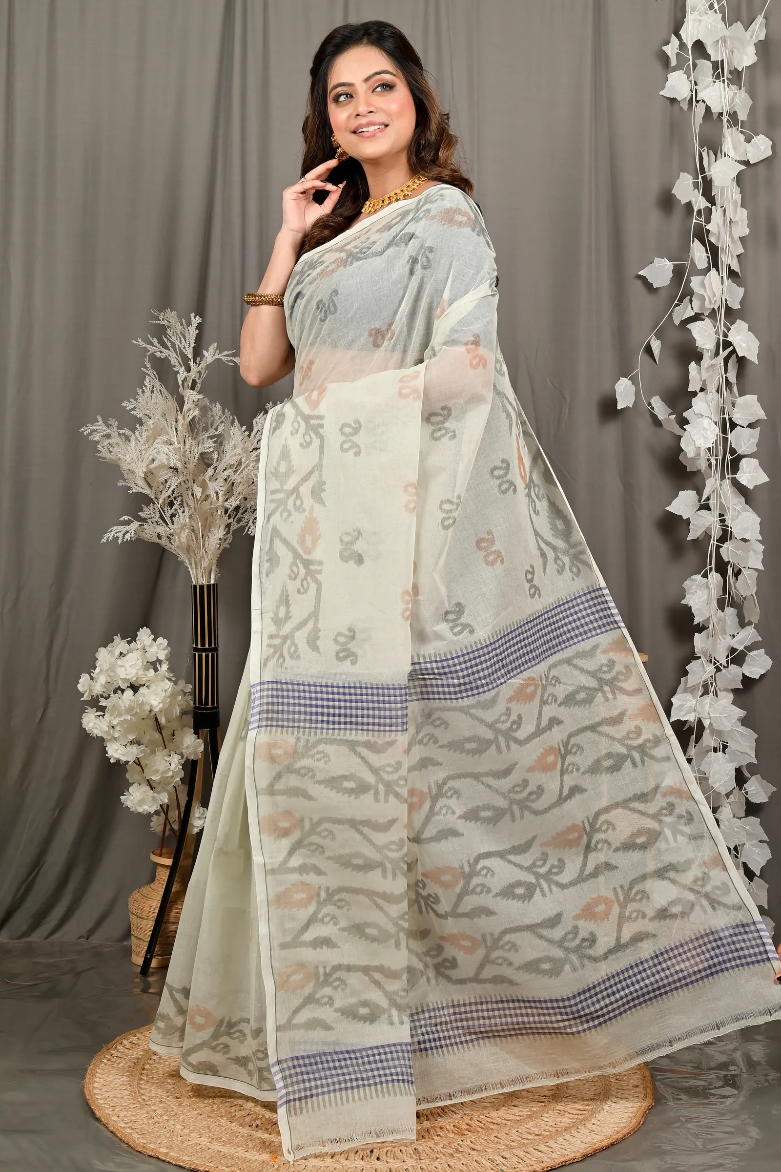 DipDiya Pure Cotton Off White Divani Weaves with a Story Printed Tant Sarees
