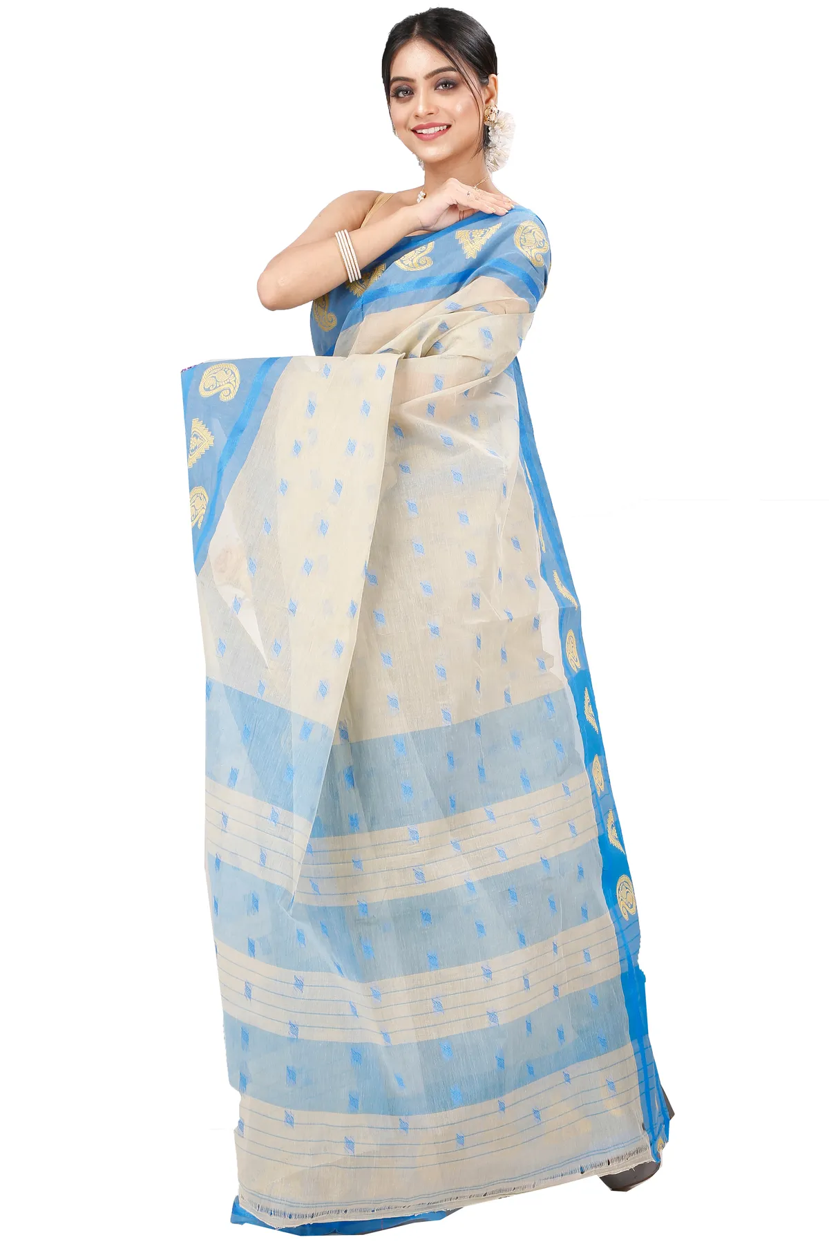 DipDiya Pure Cotton Off-White Emma Border Pure Bengali Grace Tant Sarees