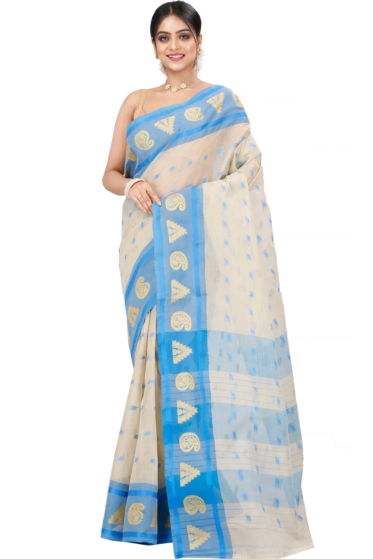 DipDiya Pure Cotton Off-White Emma Border Pure Bengali Grace Tant Sarees