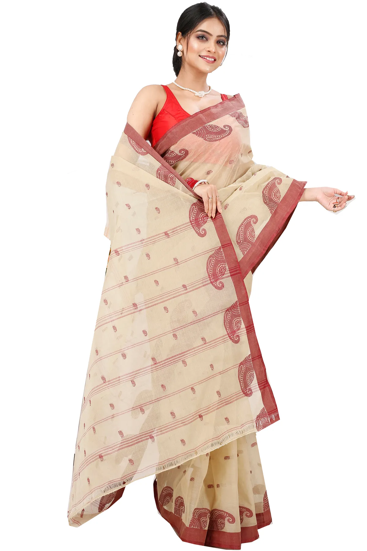 DipDiya Pure Cotton Off-White Epto Shonko Handloom Heritage Tant Sarees