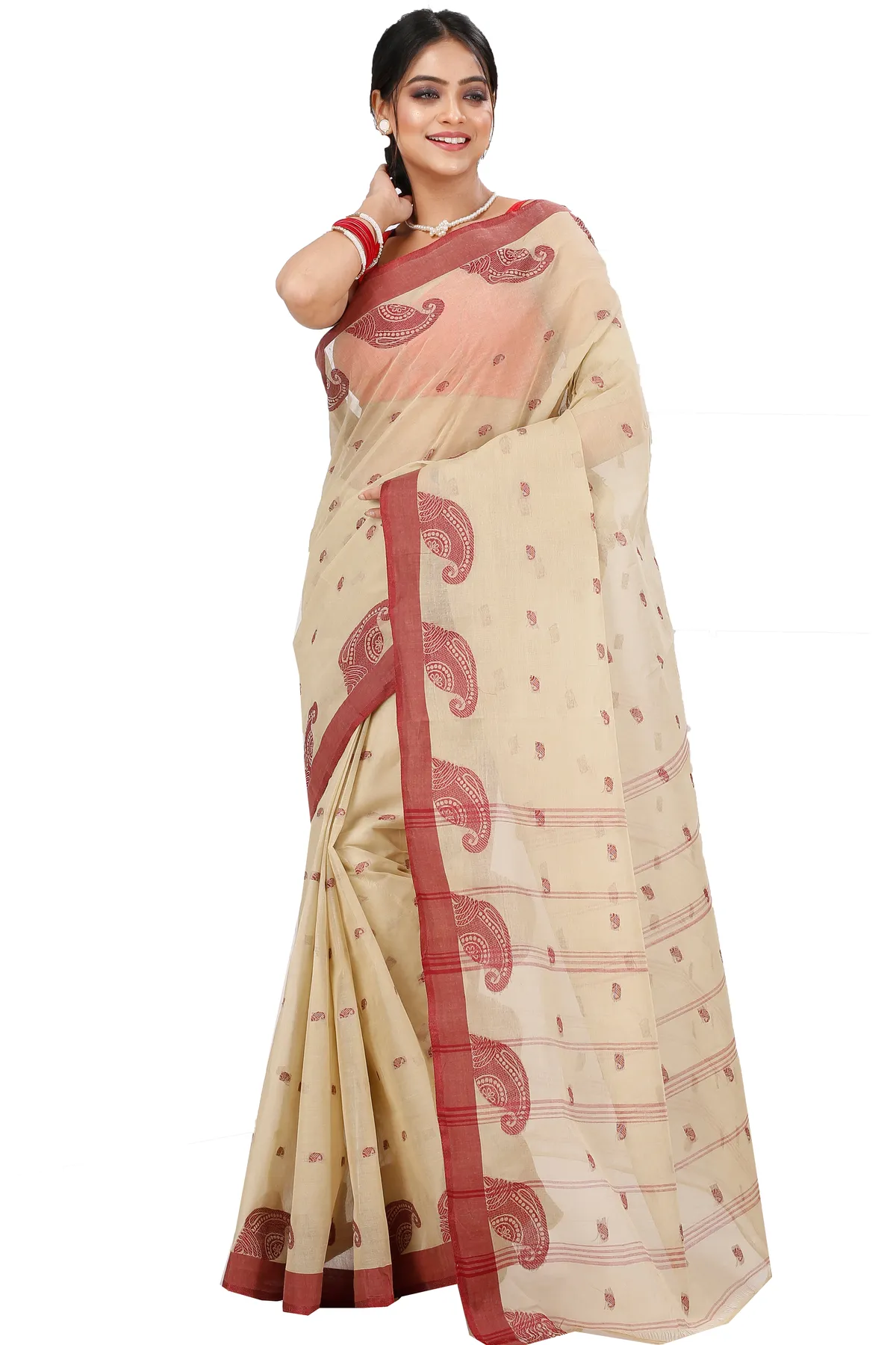 DipDiya Pure Cotton Off-White Epto Shonko Handloom Heritage Tant Sarees