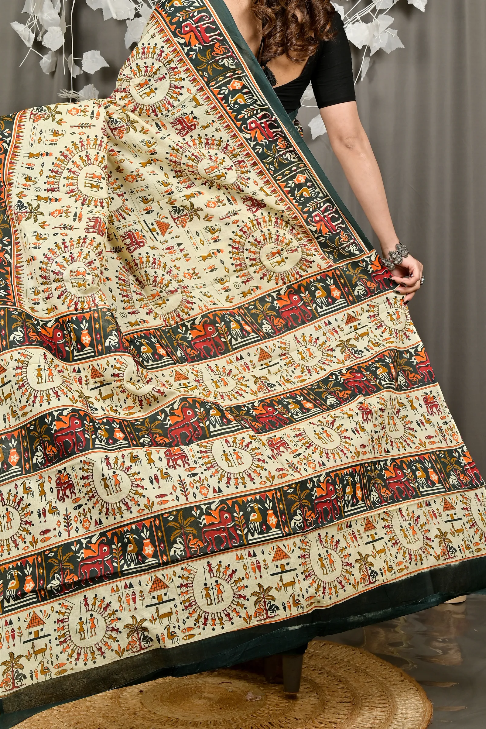 DipDiya Pure Cotton Off White Green Feepsi Crafted by Artisans Kalamkari Printed Sarees