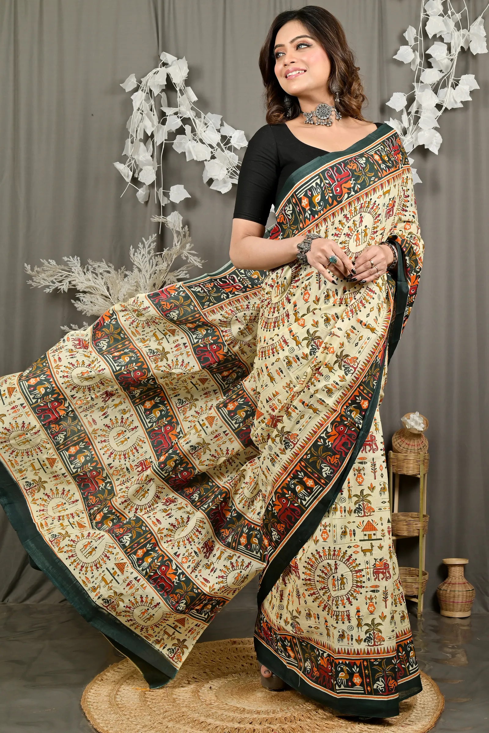 DipDiya Pure Cotton Off White Green Feepsi Crafted by Artisans Kalamkari Printed Sarees