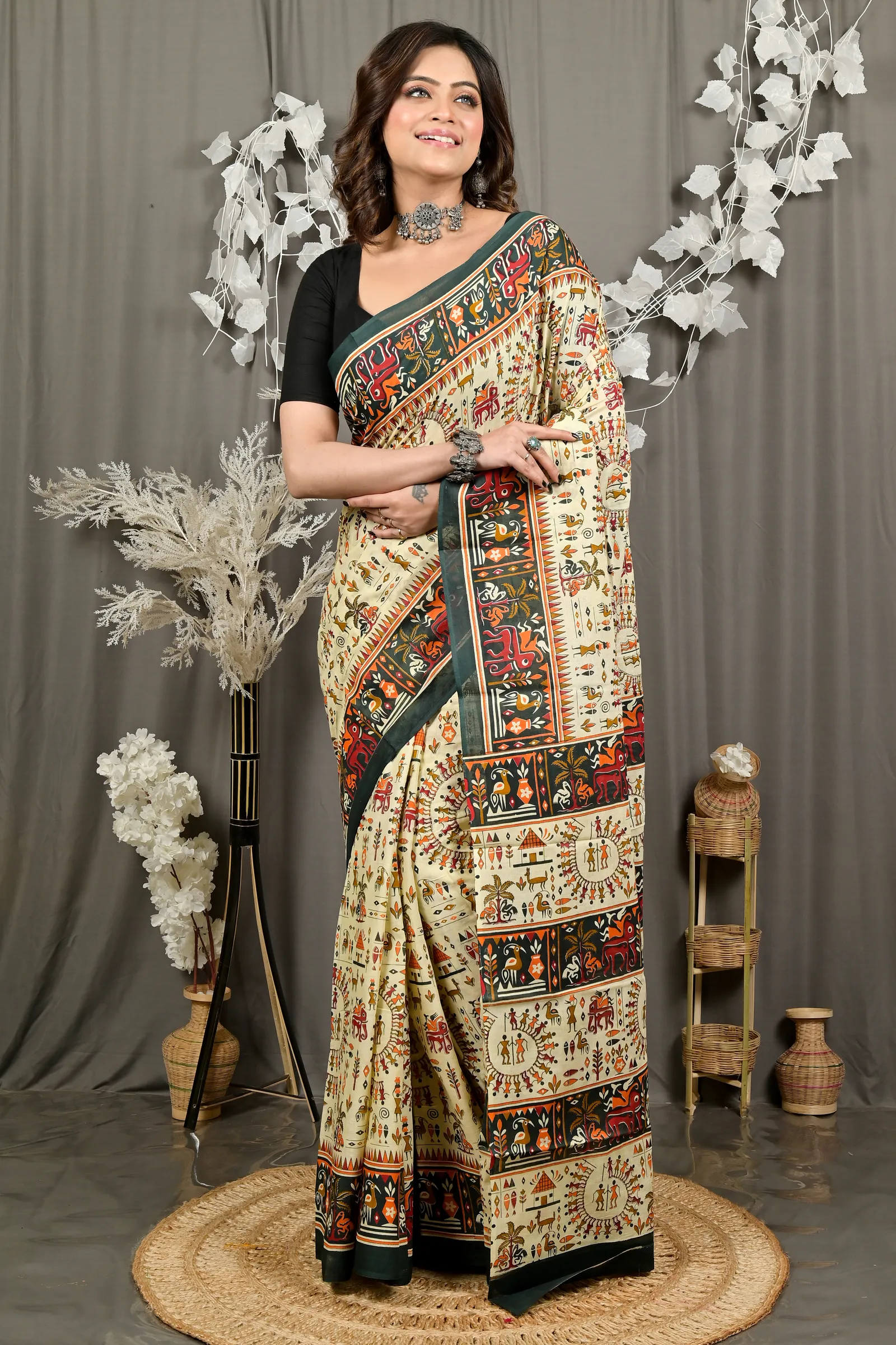 DipDiya Pure Cotton Off White Green Feepsi Crafted by Artisans Kalamkari Printed Sarees