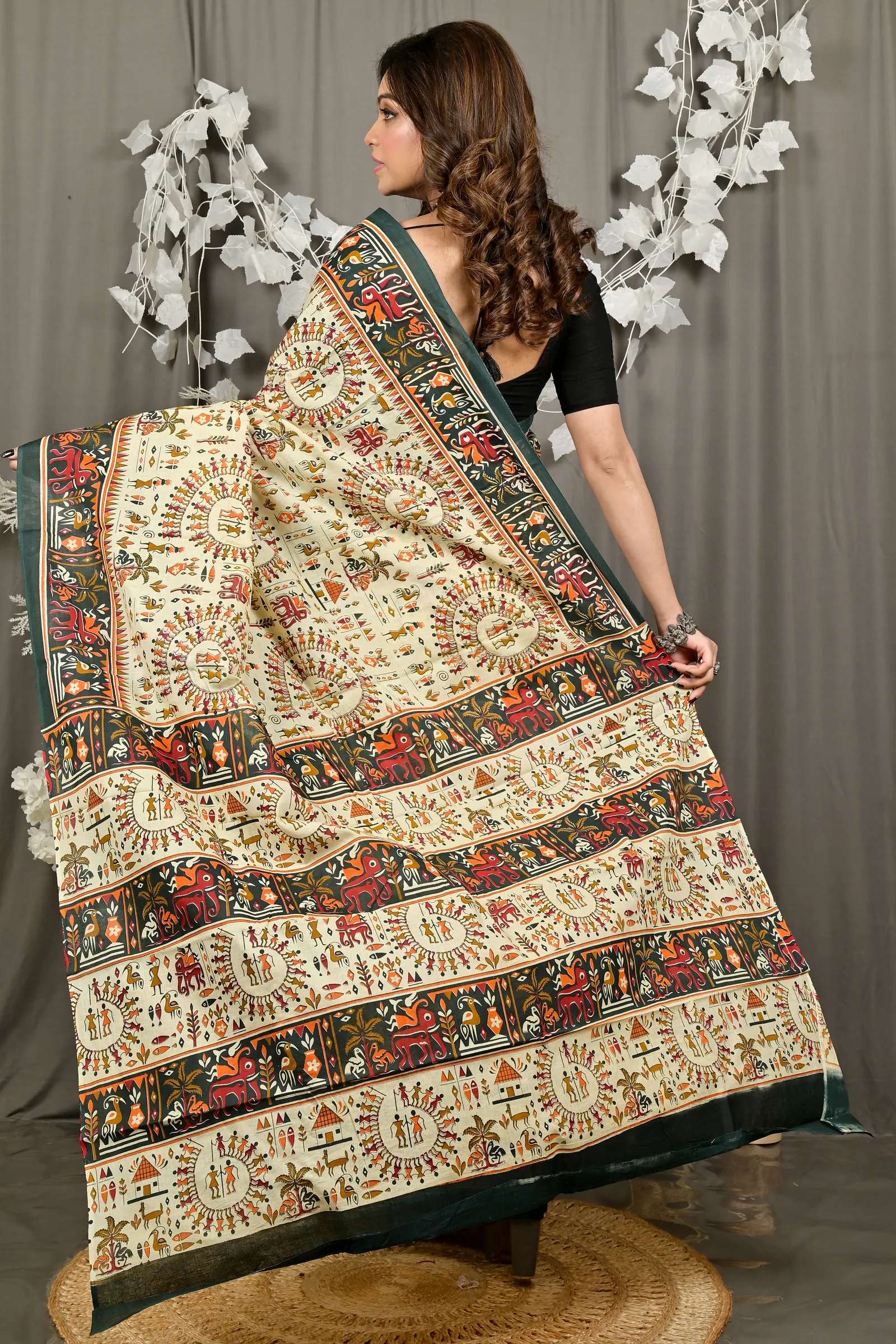 DipDiya Pure Cotton Off White Green Feepsi Crafted by Artisans Kalamkari Printed Sarees